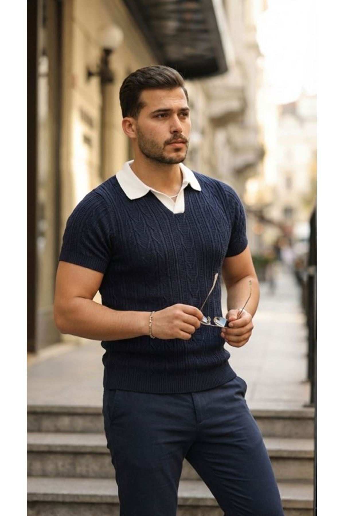 Erkek Desenli Kısa Kollu Triko Tişört - %100 Pamuk Akrilik