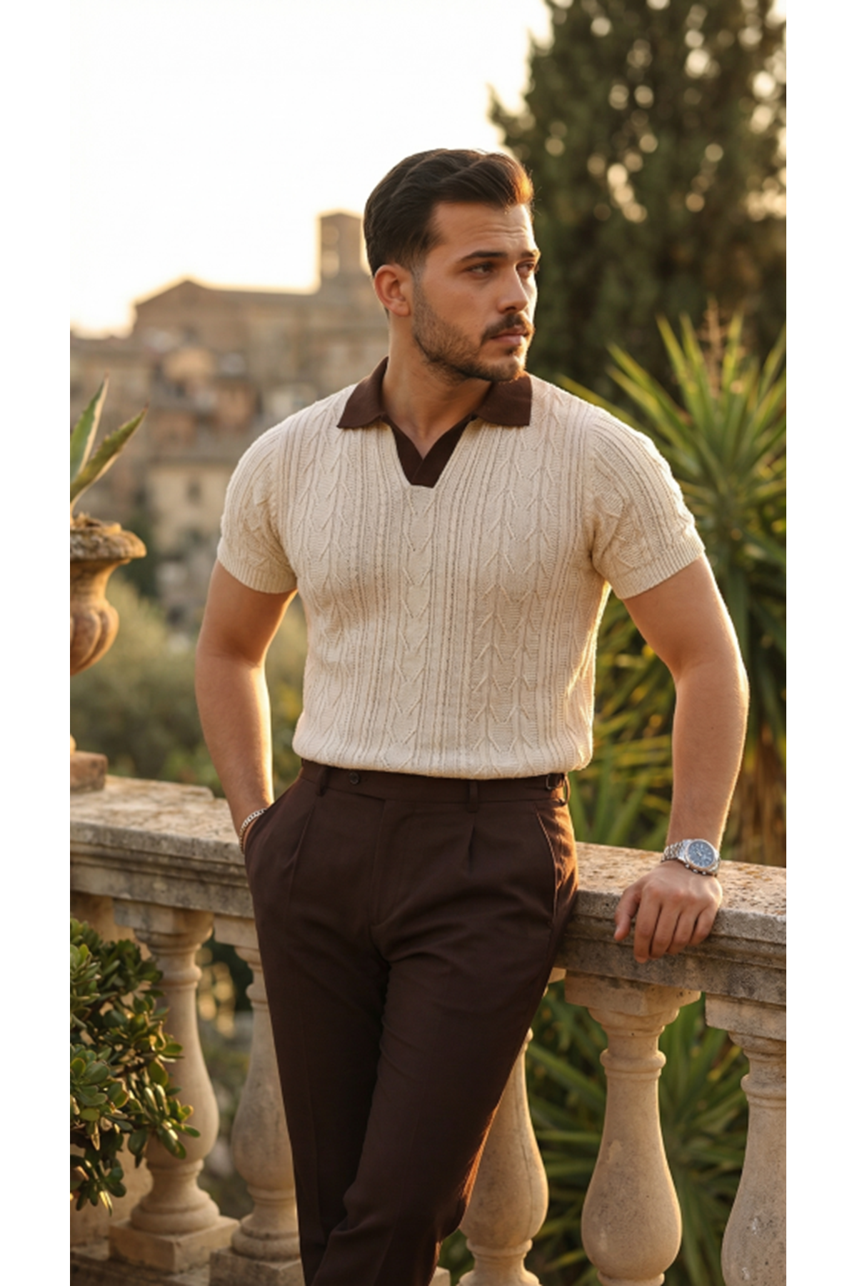 Erkek Desenli Kısa Kollu Triko Tişört - %100 Pamuk Akrilik