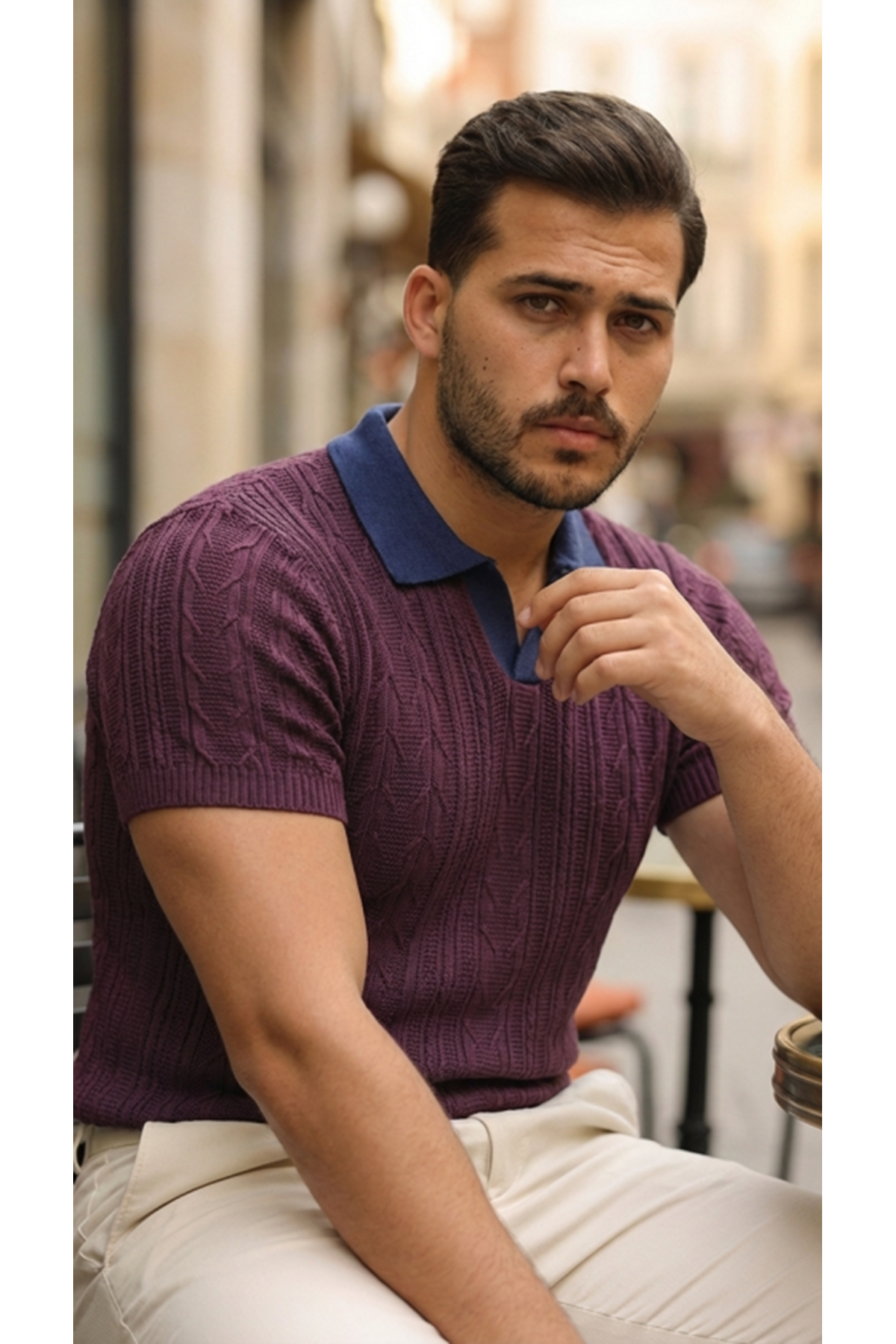 Erkek Desenli Kısa Kollu Triko Tişört - %100 Pamuk Akrilik