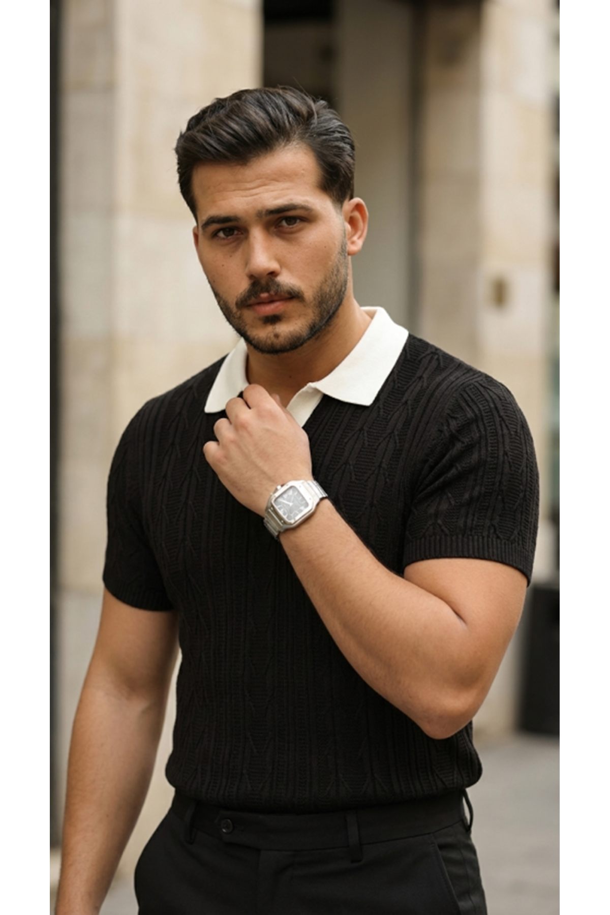 Erkek Desenli Kısa Kollu Triko Tişört - %100 Pamuk Akrilik