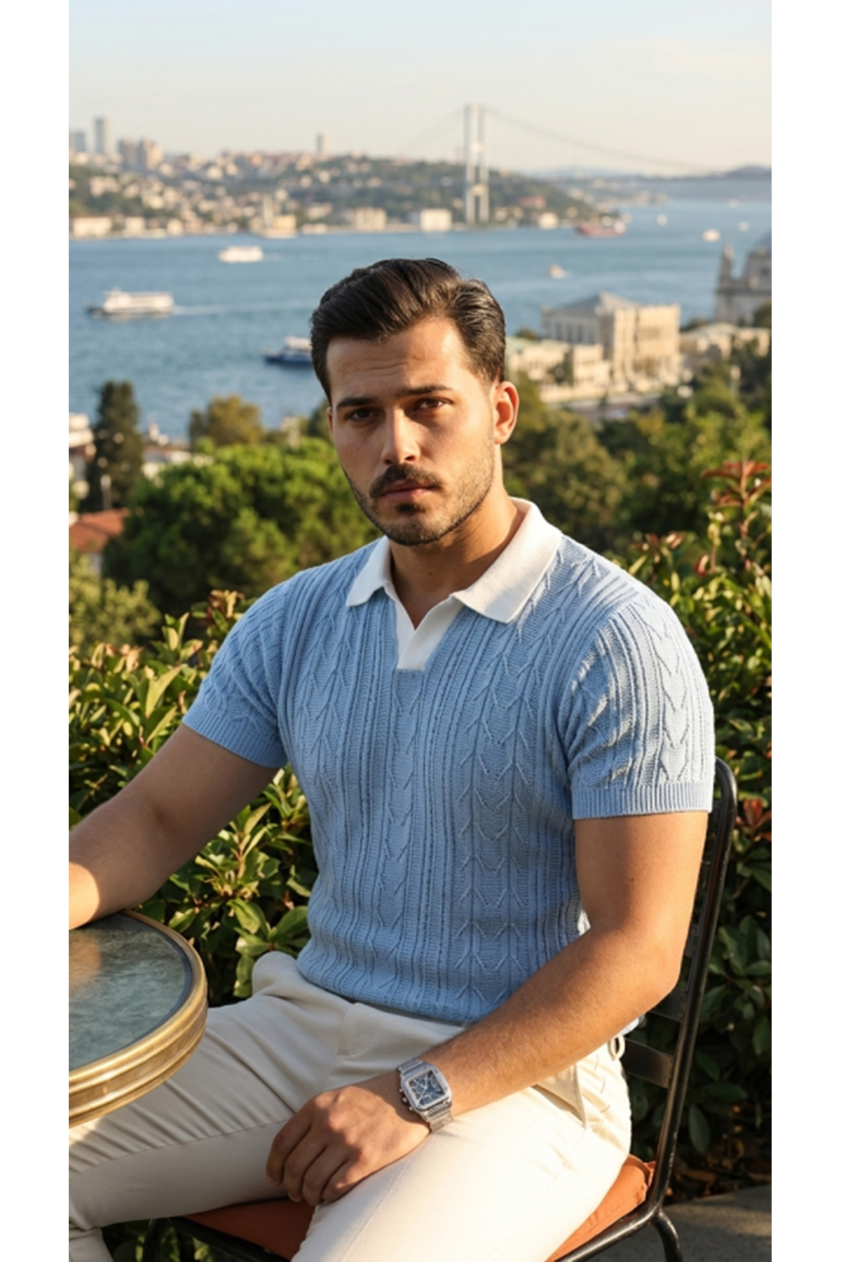 Erkek Desenli Kısa Kollu Triko Tişört - %100 Pamuk Akrilik