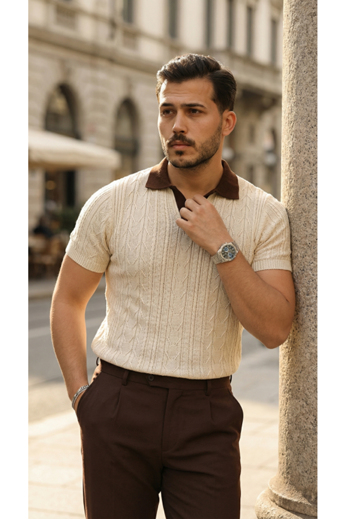 Erkek Desenli Kısa Kollu Triko Tişört - %100 Pamuk Akrilik