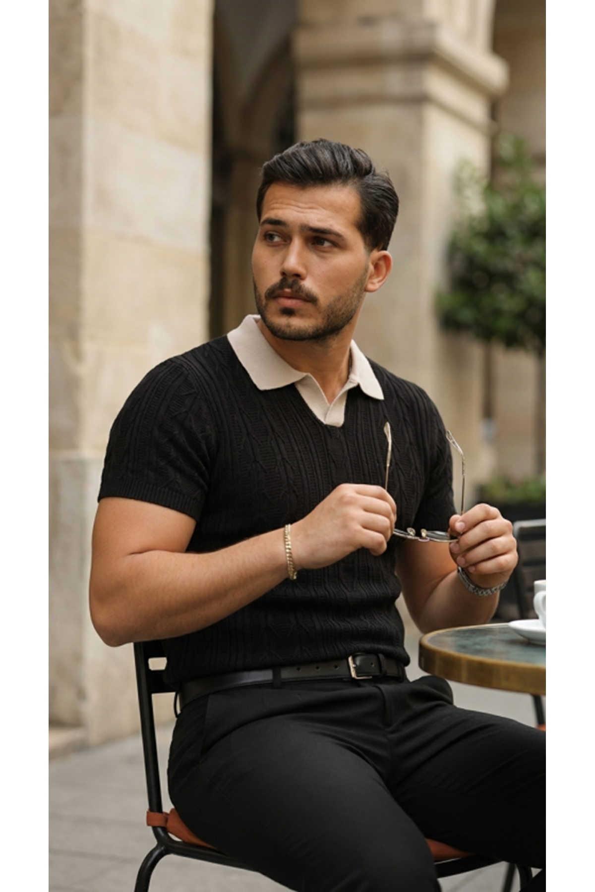 Erkek Desenli Kısa Kollu Triko Tişört - %100 Pamuk Akrilik