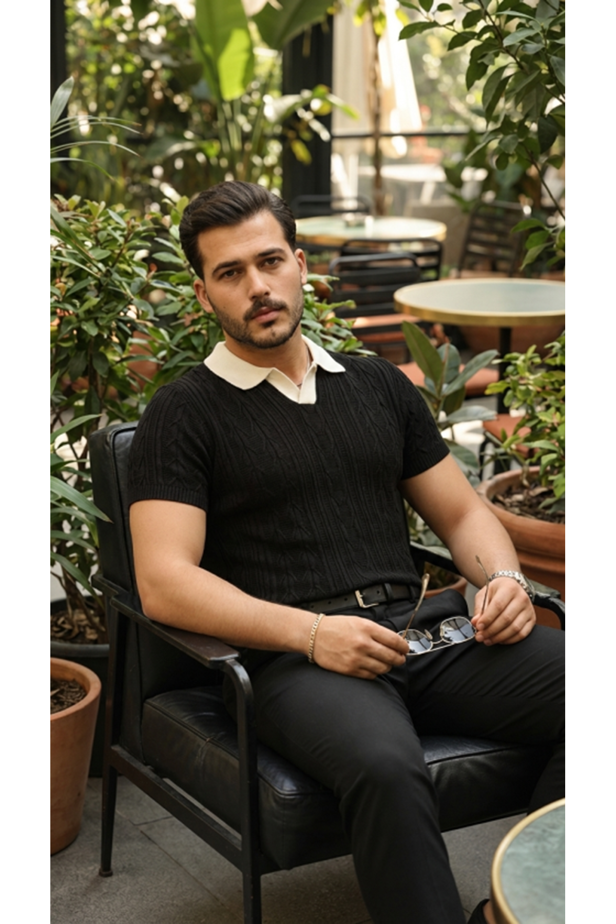 Erkek Desenli Kısa Kollu Triko Tişört - %100 Pamuk Akrilik