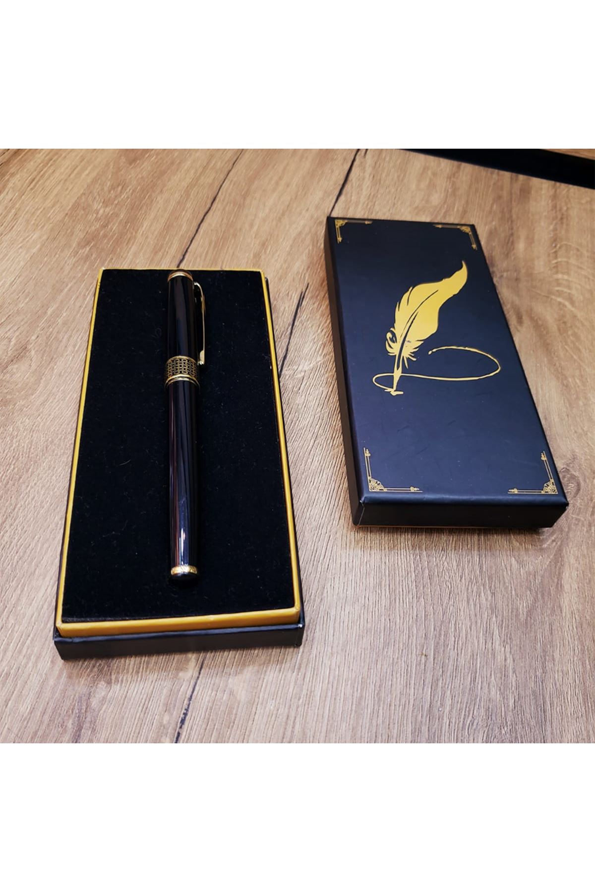 Siyah Kutulu Yaldız Desenli Metal Roller Kalem Seti