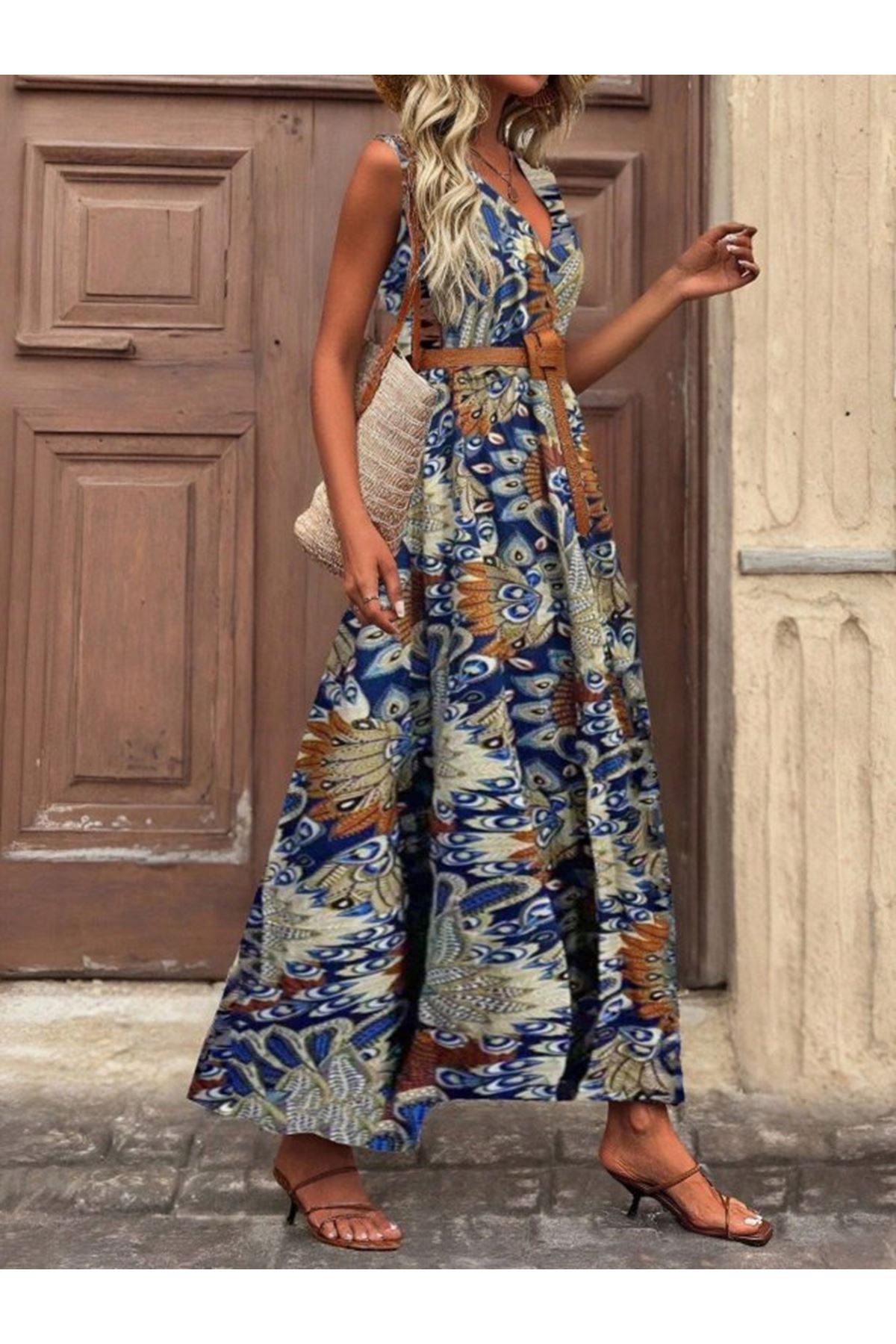 Kadın Askılı Kruvaze Yakalı Uzun Desenli Kemersiz Süprem Elbise