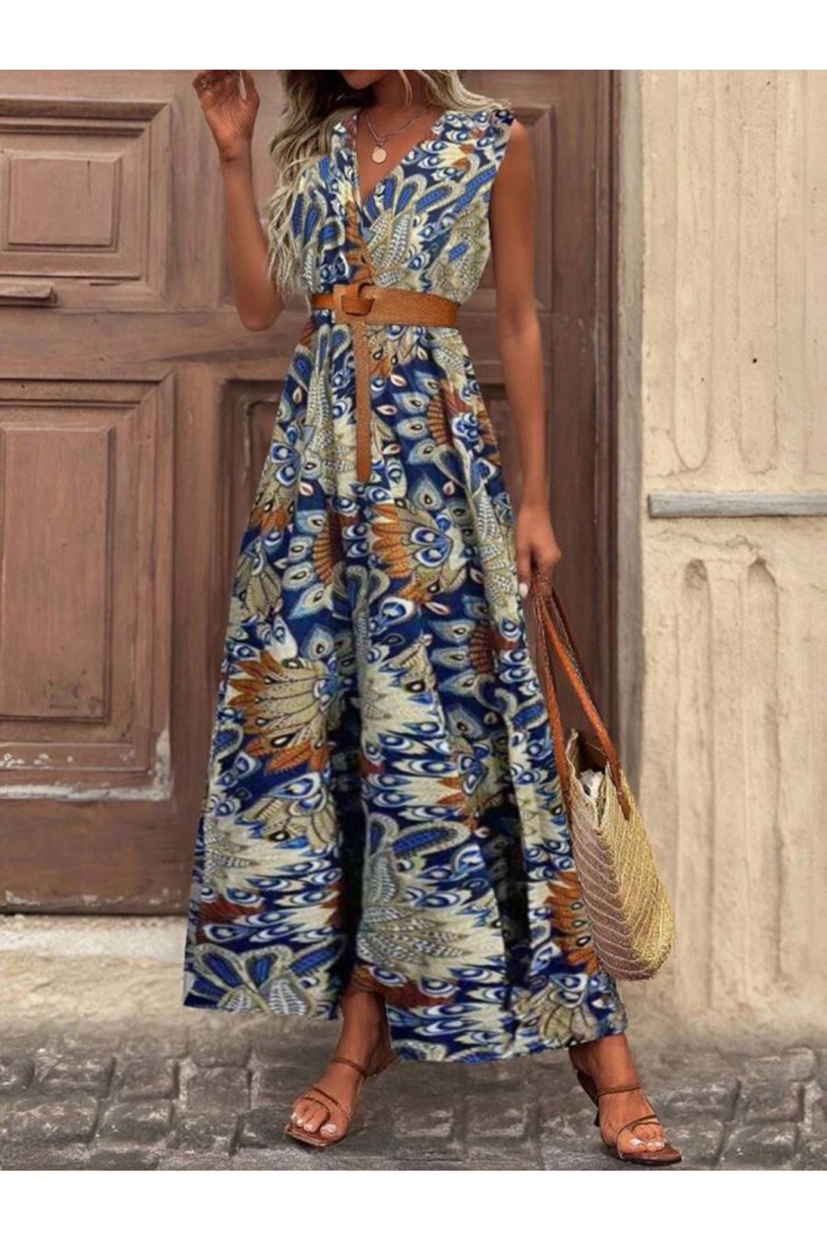 Kadın Askılı Kruvaze Yakalı Uzun Desenli Kemersiz Süprem Elbise