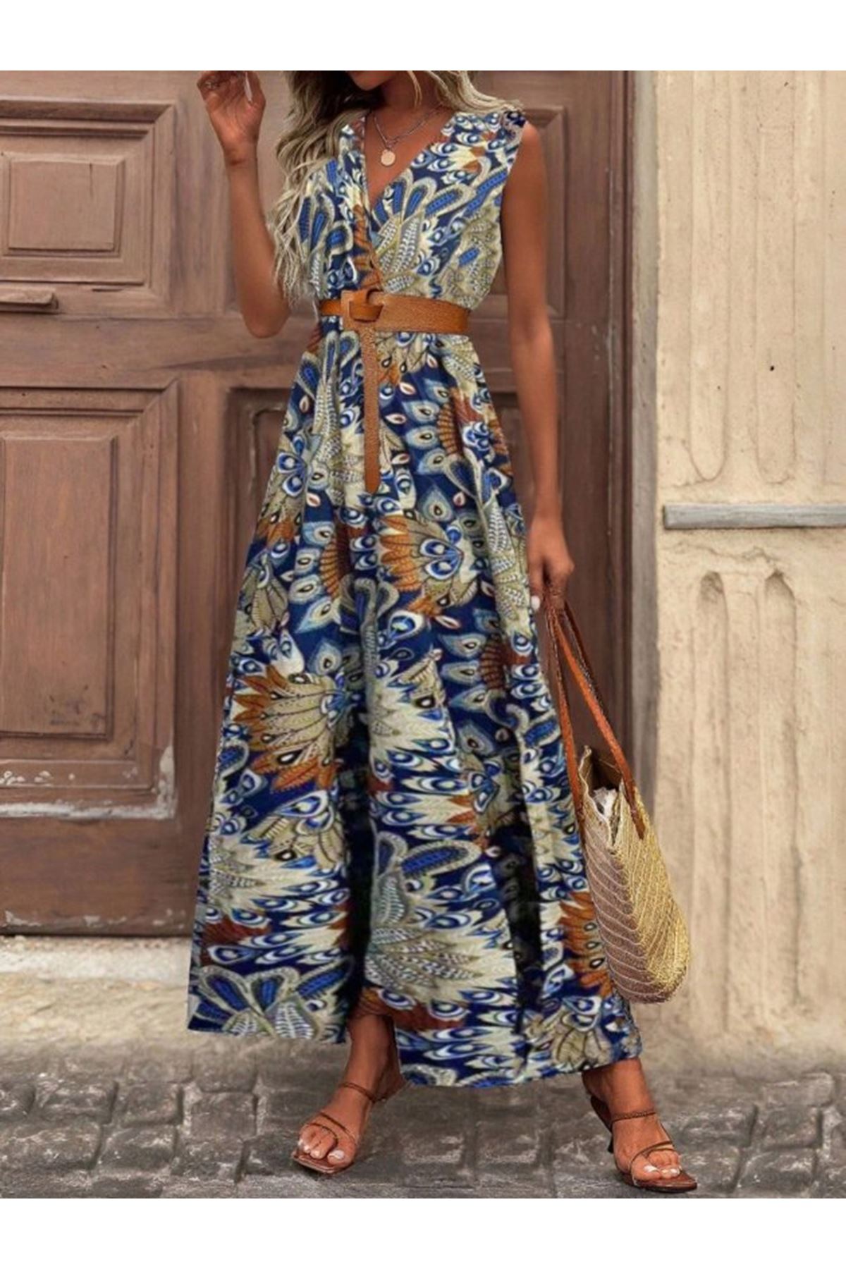 Kadın Askılı Kruvaze Yakalı Uzun Desenli Kemersiz Süprem Elbise