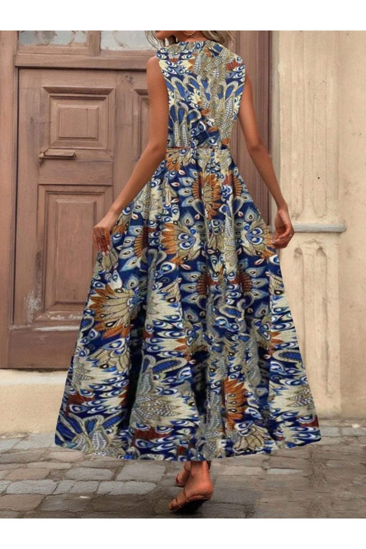 Kadın Askılı Kruvaze Yakalı Uzun Desenli Kemersiz Süprem Elbise
