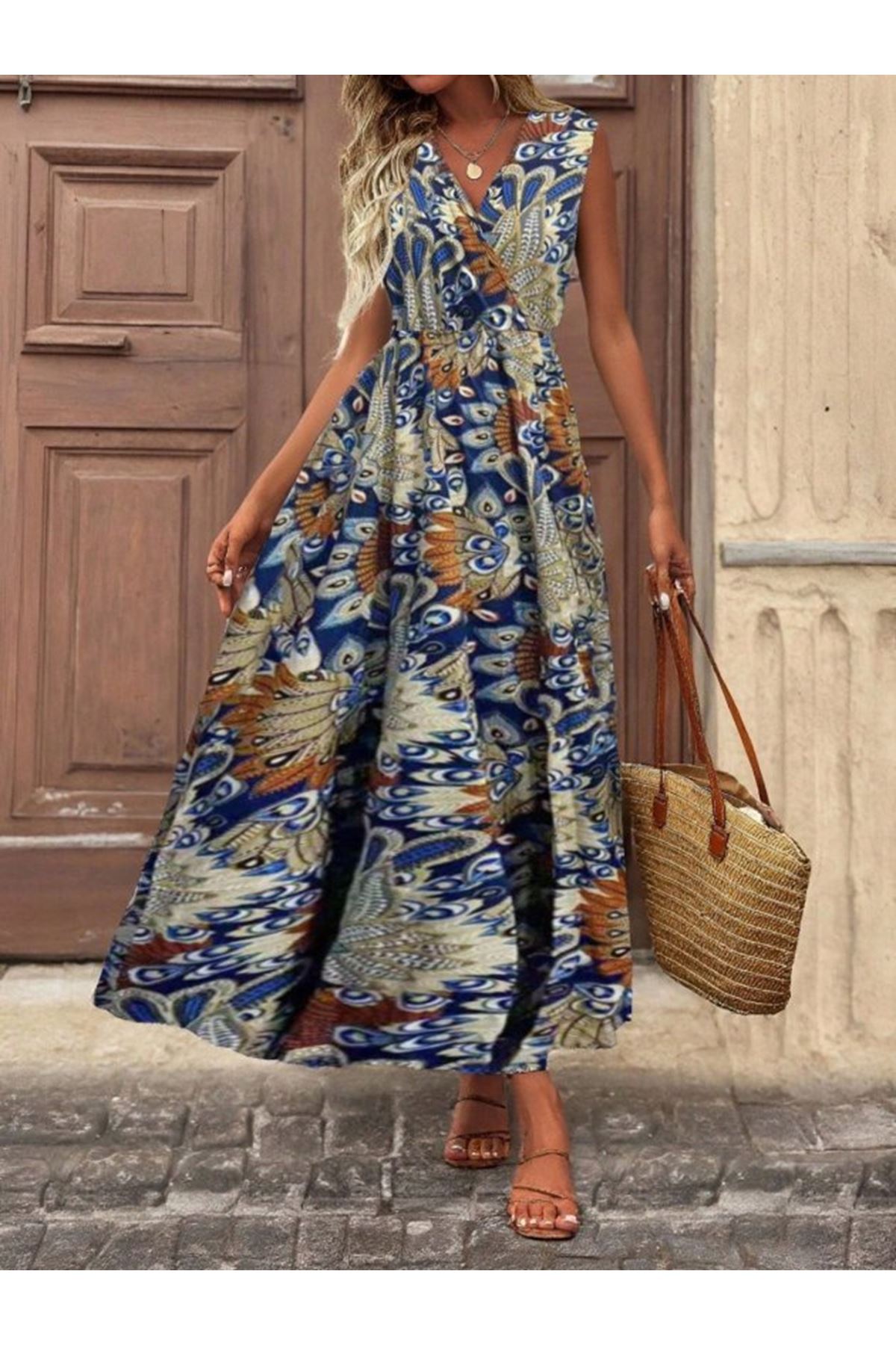 Kadın Askılı Kruvaze Yakalı Uzun Desenli Kemersiz Süprem Elbise