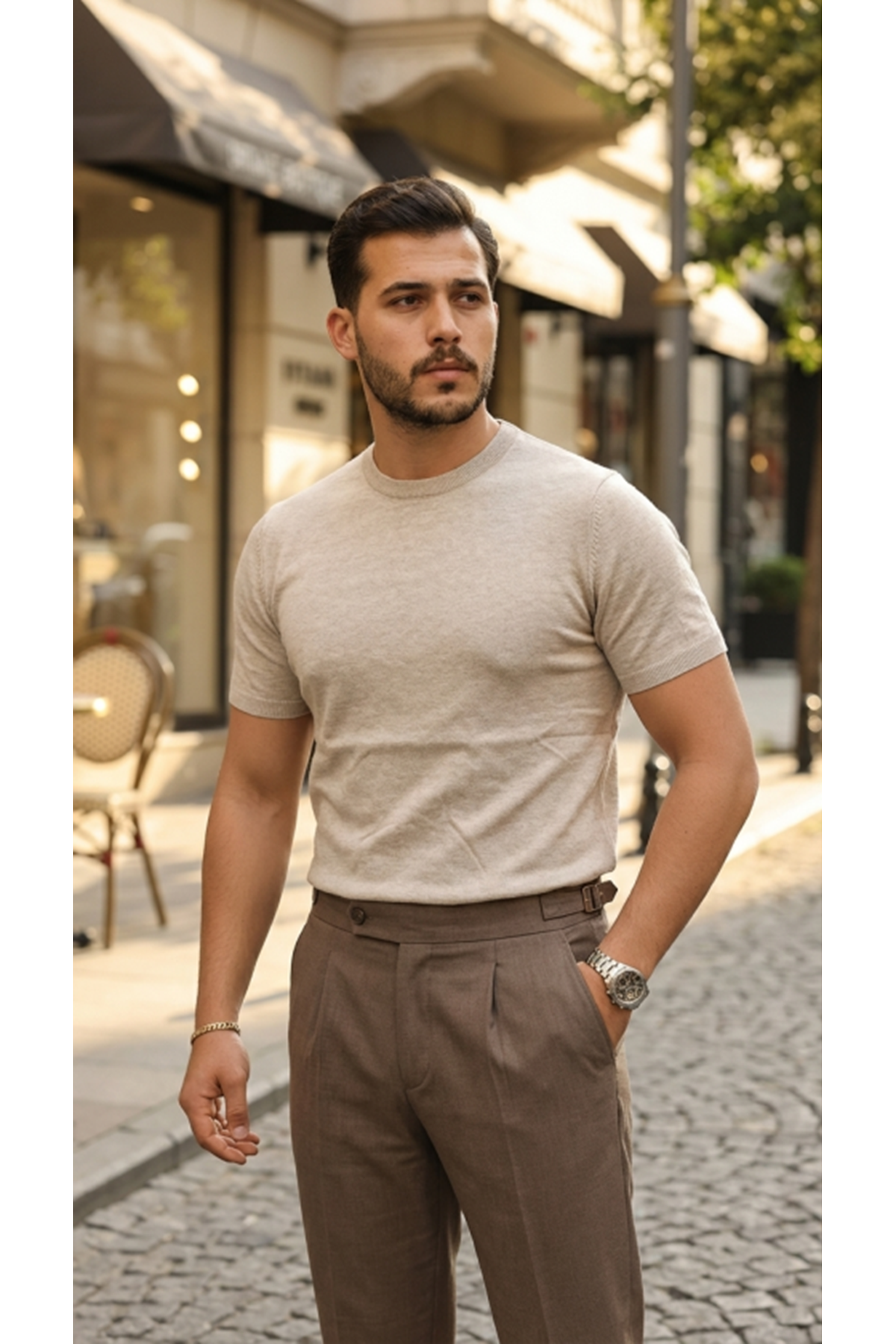 Erkek Basic Bisiklet Yaka Kısa Kollu Triko Tişört - %100 Pamuk Akrilik