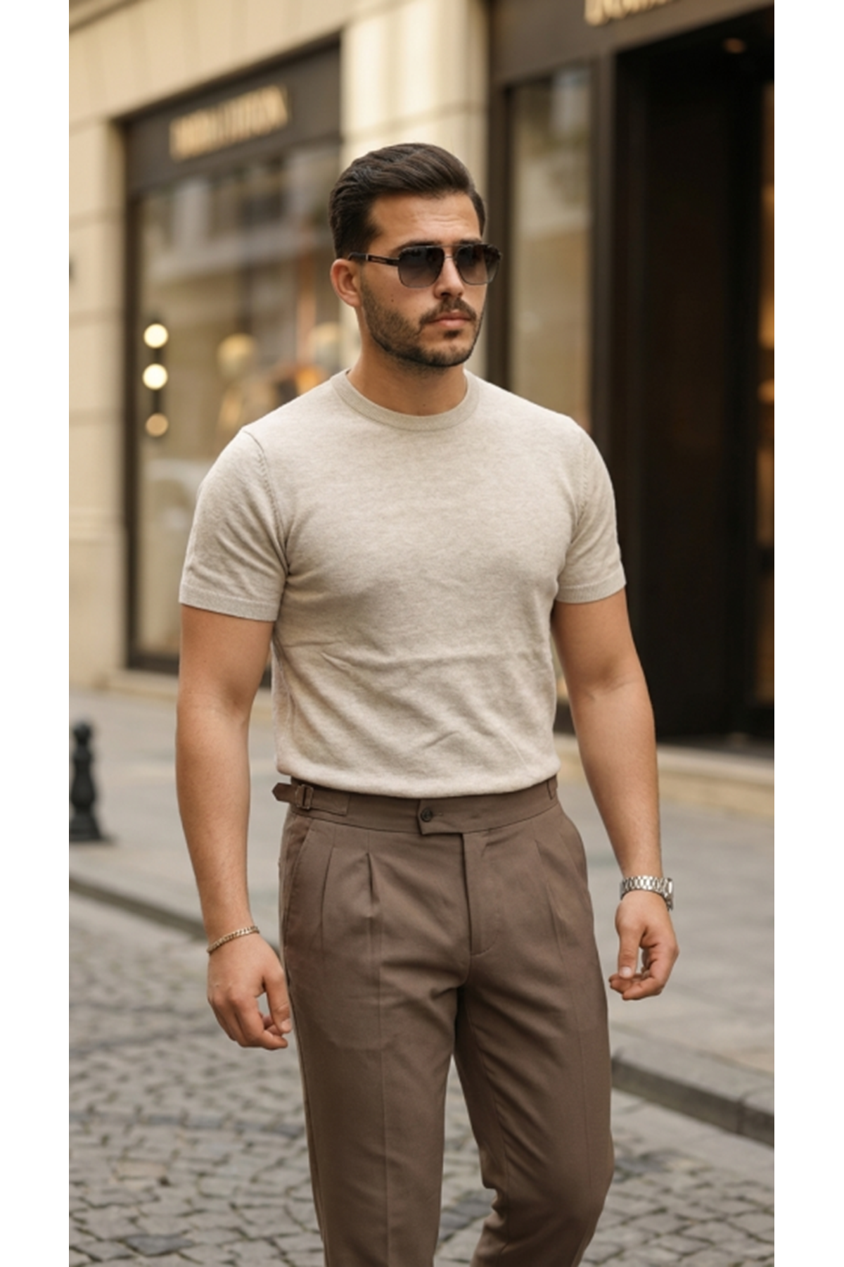 Erkek Basic Bisiklet Yaka Kısa Kollu Triko Tişört - %100 Pamuk Akrilik