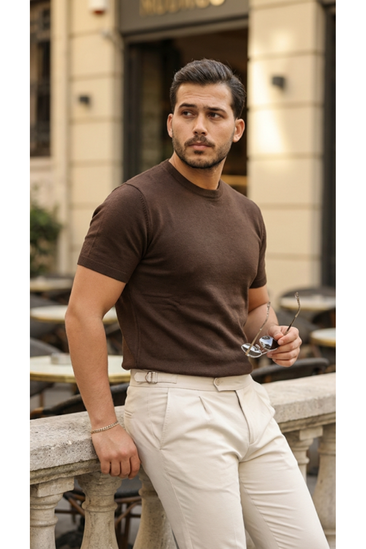 Erkek Basic Bisiklet Yaka Kısa Kollu Triko Tişört - %100 Pamuk Akrilik