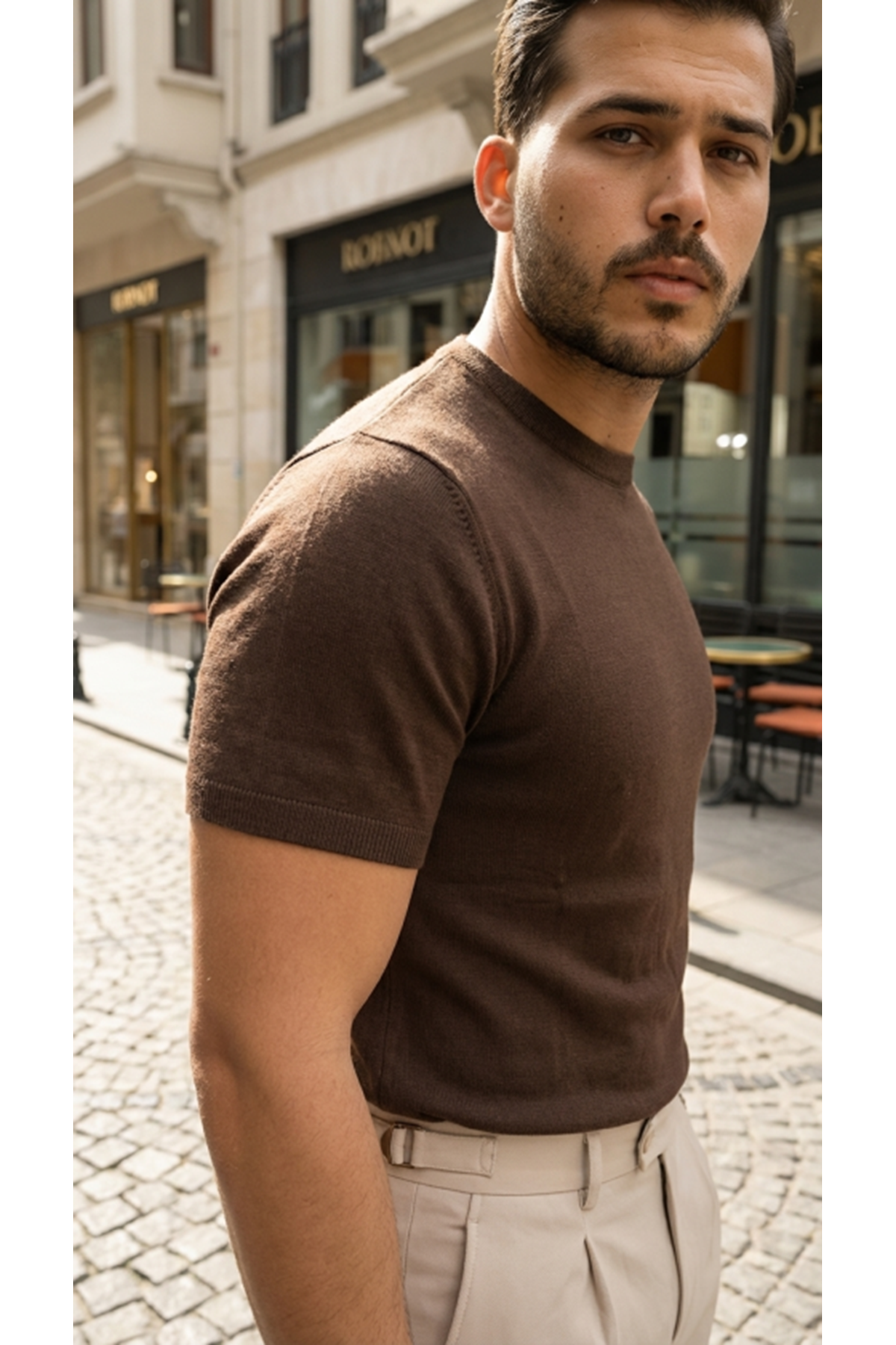 Erkek Basic Bisiklet Yaka Kısa Kollu Triko Tişört - %100 Pamuk Akrilik