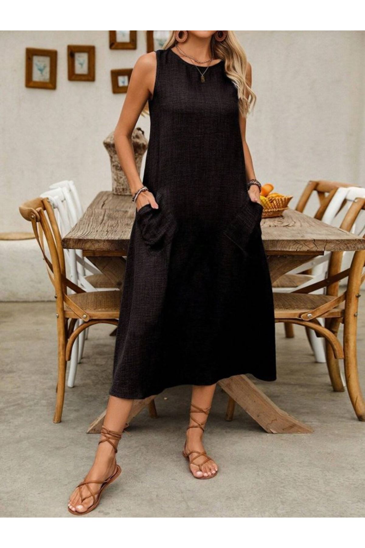 Kadın Askılı Yuvarlak Yakalı Kıloş Cepli Uzun Elbise