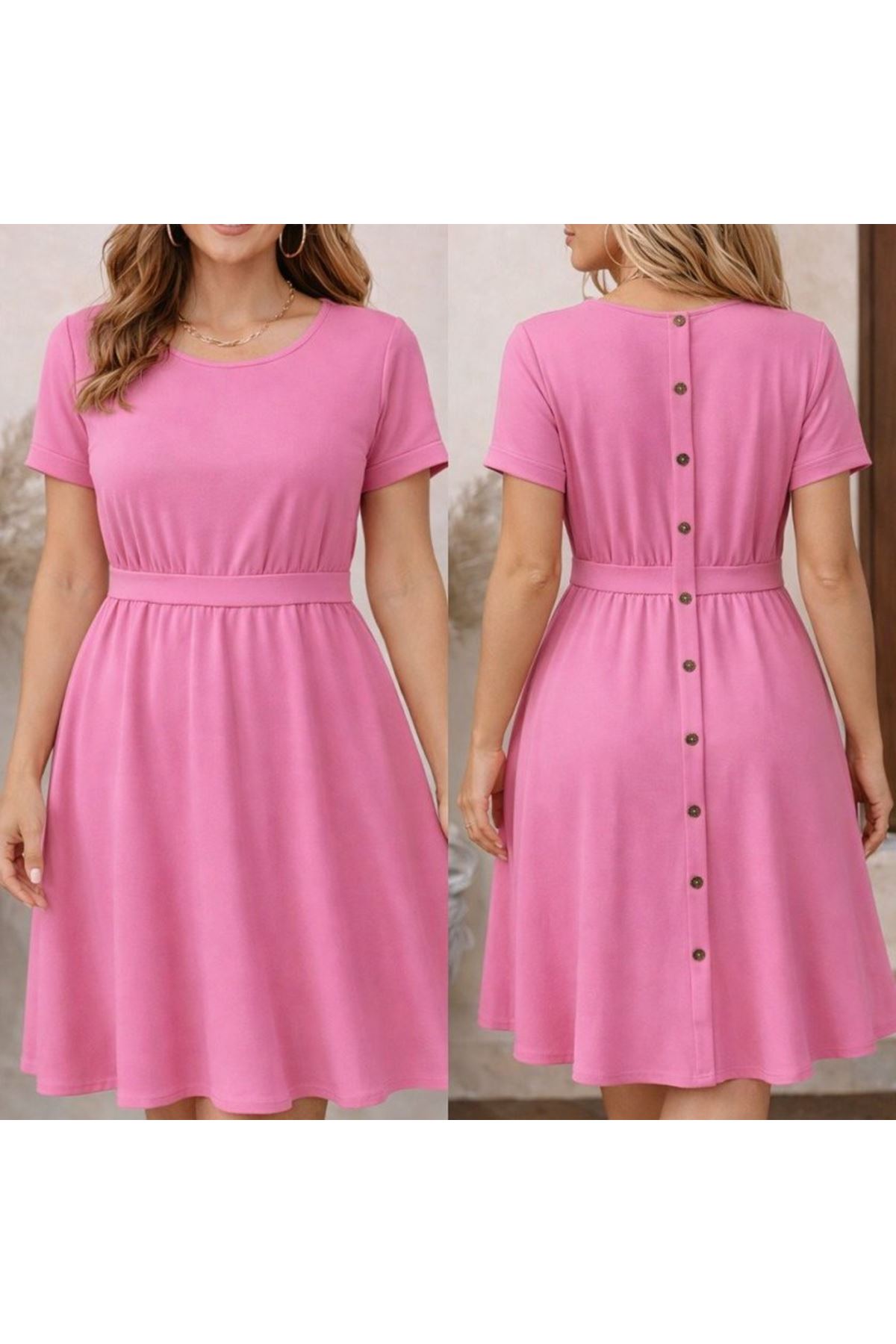 Kadın Kısa Kollu Yuvarlak Yaka Arkadan Düğmeli Viskon Midi Elbise