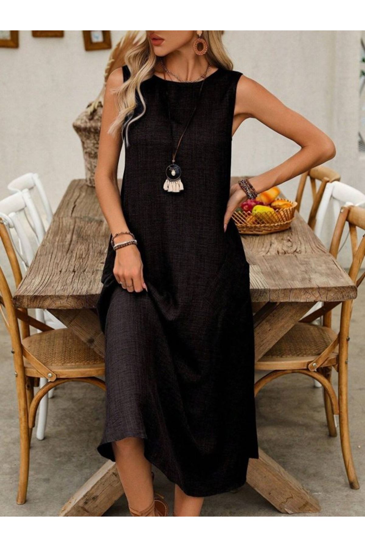 Kadın Askılı Yuvarlak Yakalı Kıloş Cepli Uzun Elbise