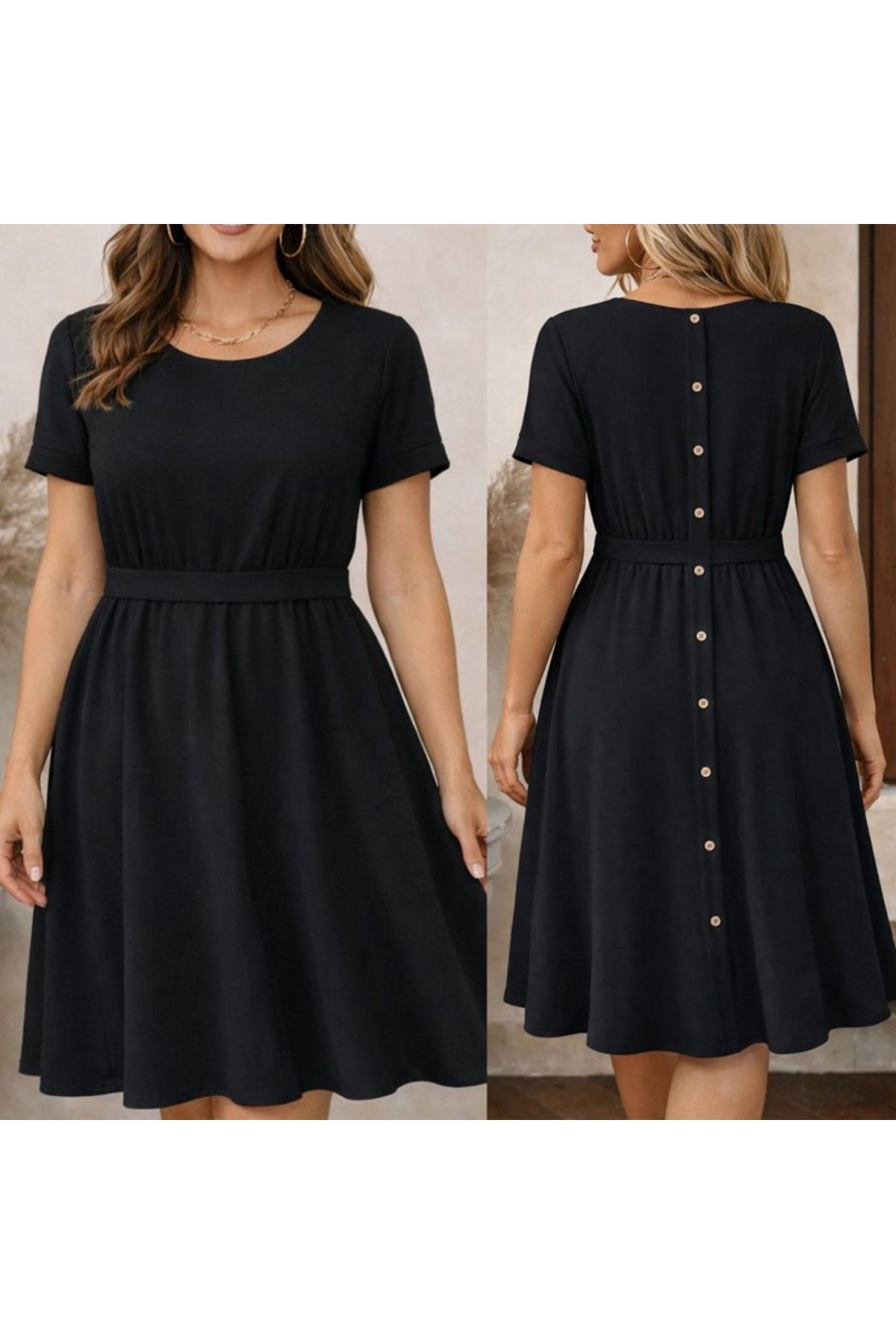 Kadın Kısa Kollu Yuvarlak Yaka Arkadan Düğmeli Viskon Midi Elbise