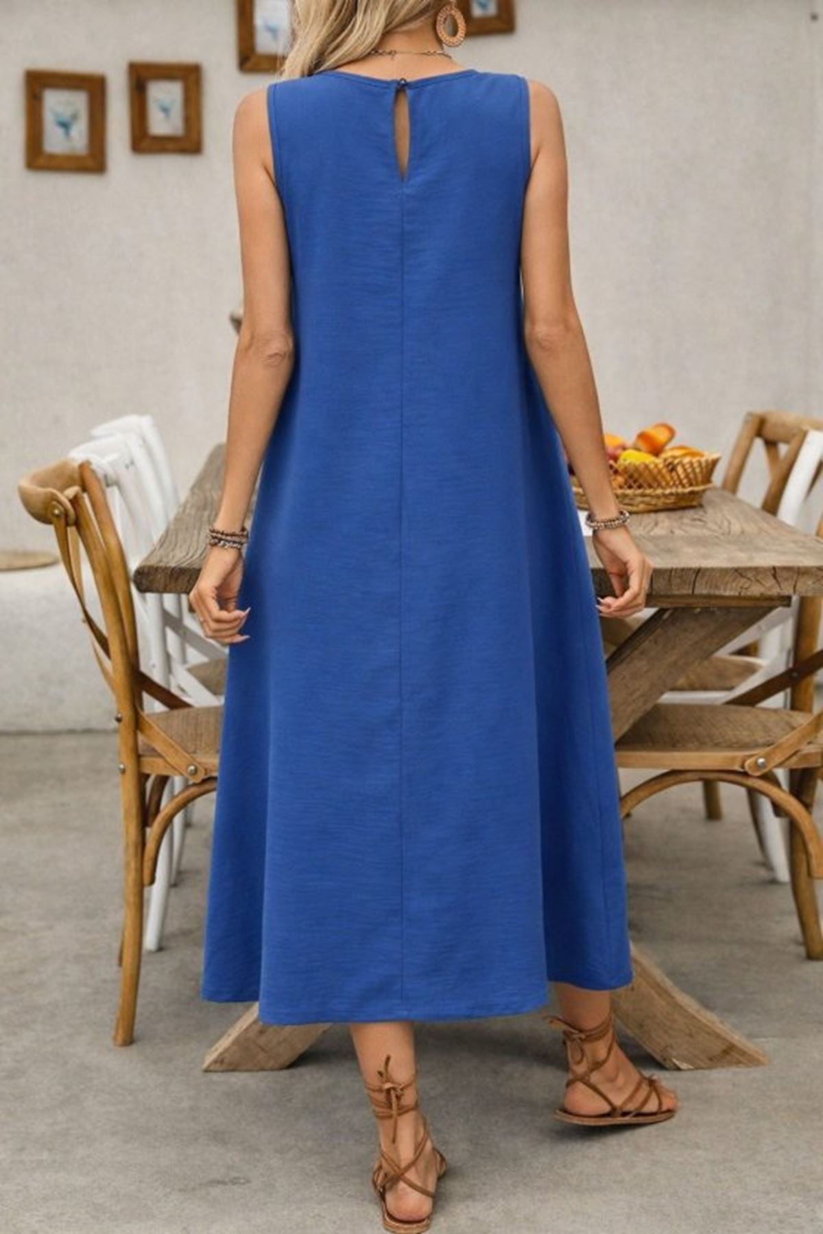 Kadın Askılı Yuvarlak Yakalı Kıloş Cepli Uzun Elbise