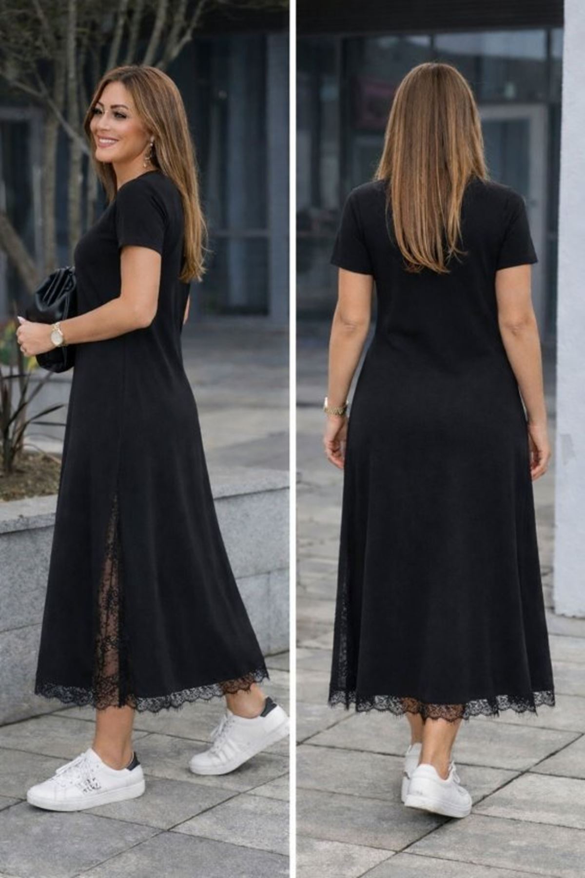 Kadın Kısa Kollu Bisiklet Yaka Yandan Yırtmaçlı Dantel Detaylı Uzun Viskon Elbise