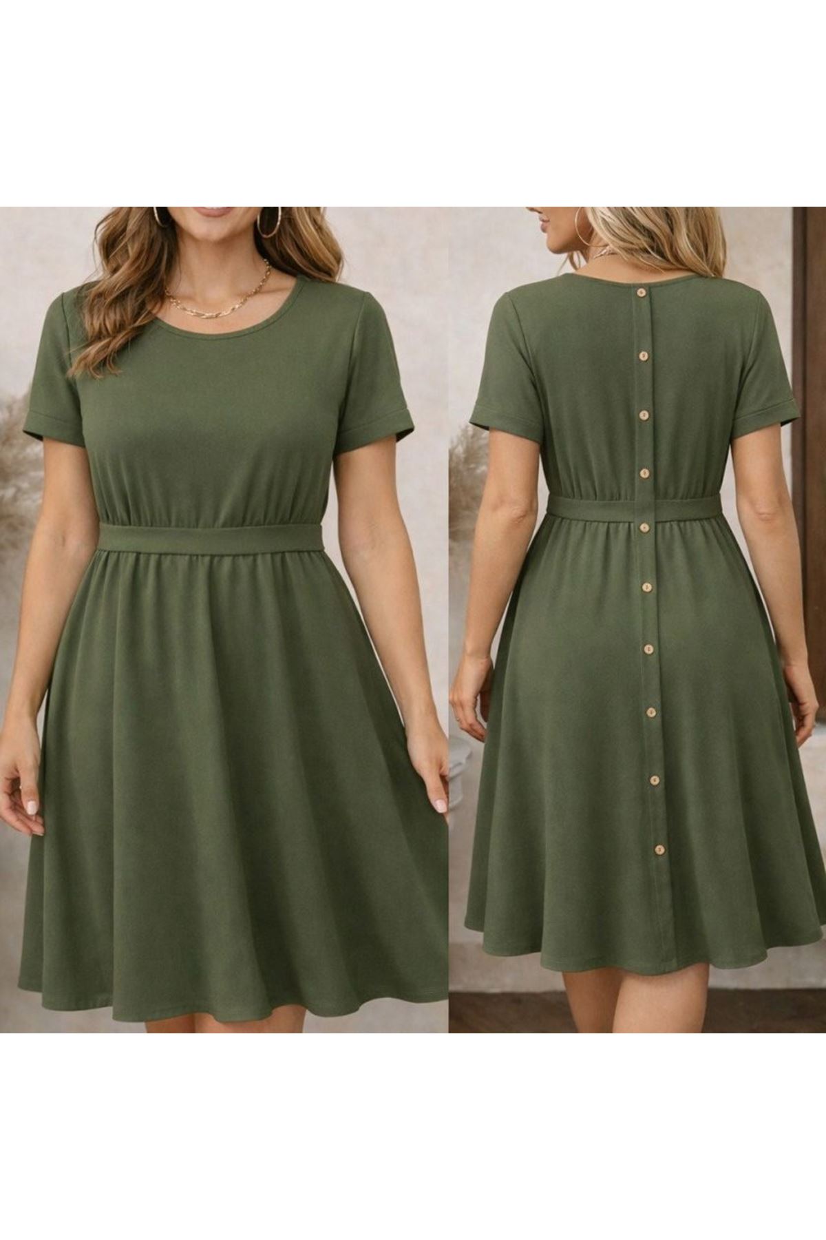 Kadın Kısa Kollu Yuvarlak Yaka Arkadan Düğmeli Viskon Midi Elbise