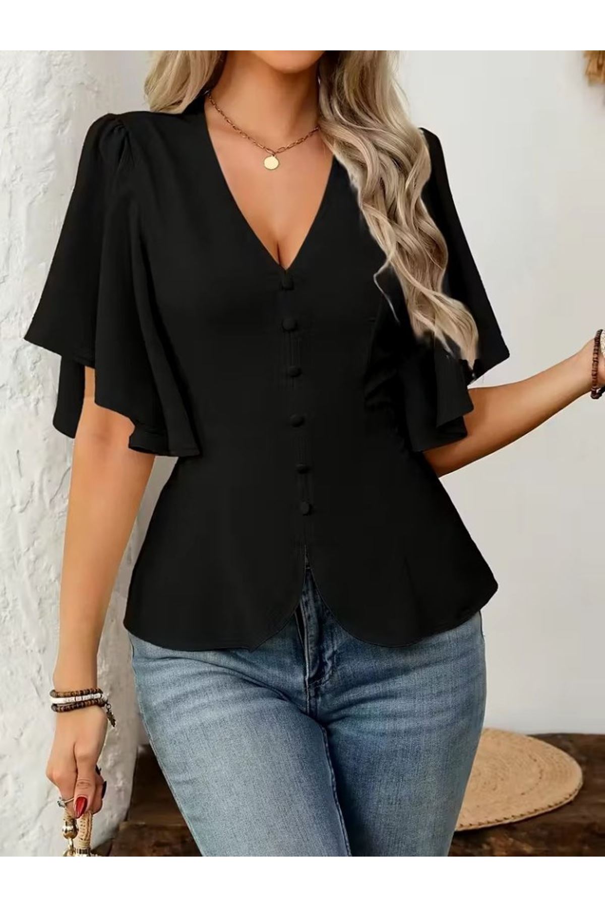 Kadın Kısa Kollu önden Düğmeli Ithal Krep Bluz