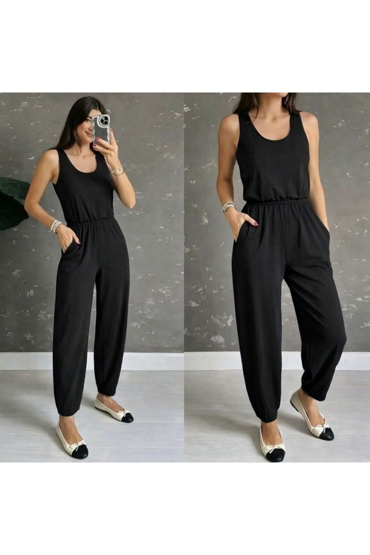 Kadın Askılı Yuvarlak Yakalı Cepli Viskon Tulum