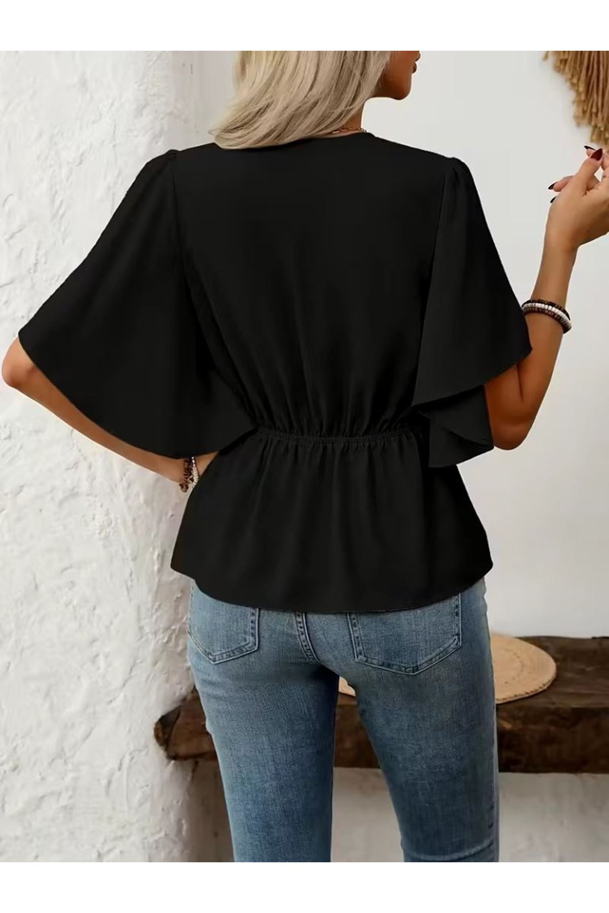 Kadın Kısa Kollu önden Düğmeli Ithal Krep Bluz