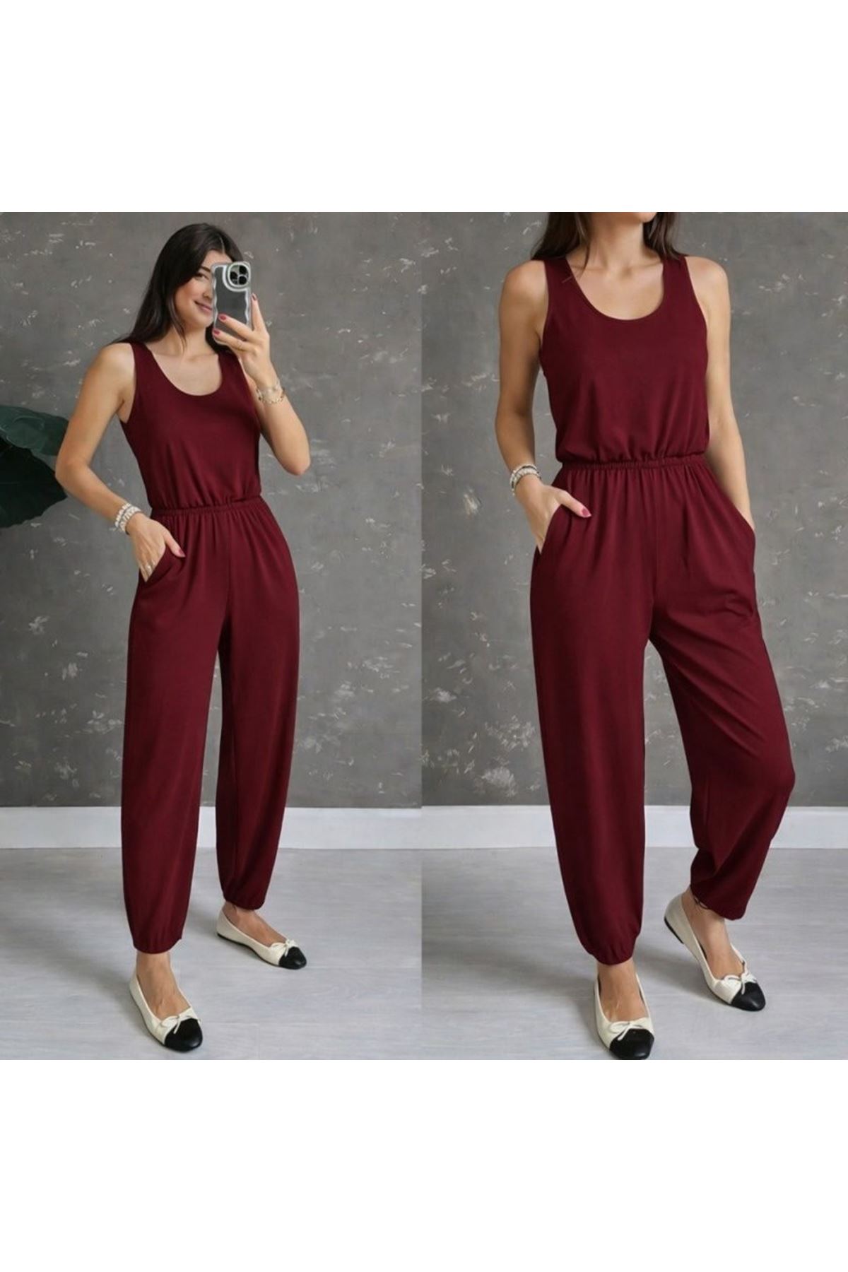 Kadın Askılı Yuvarlak Yakalı Cepli Viskon Tulum