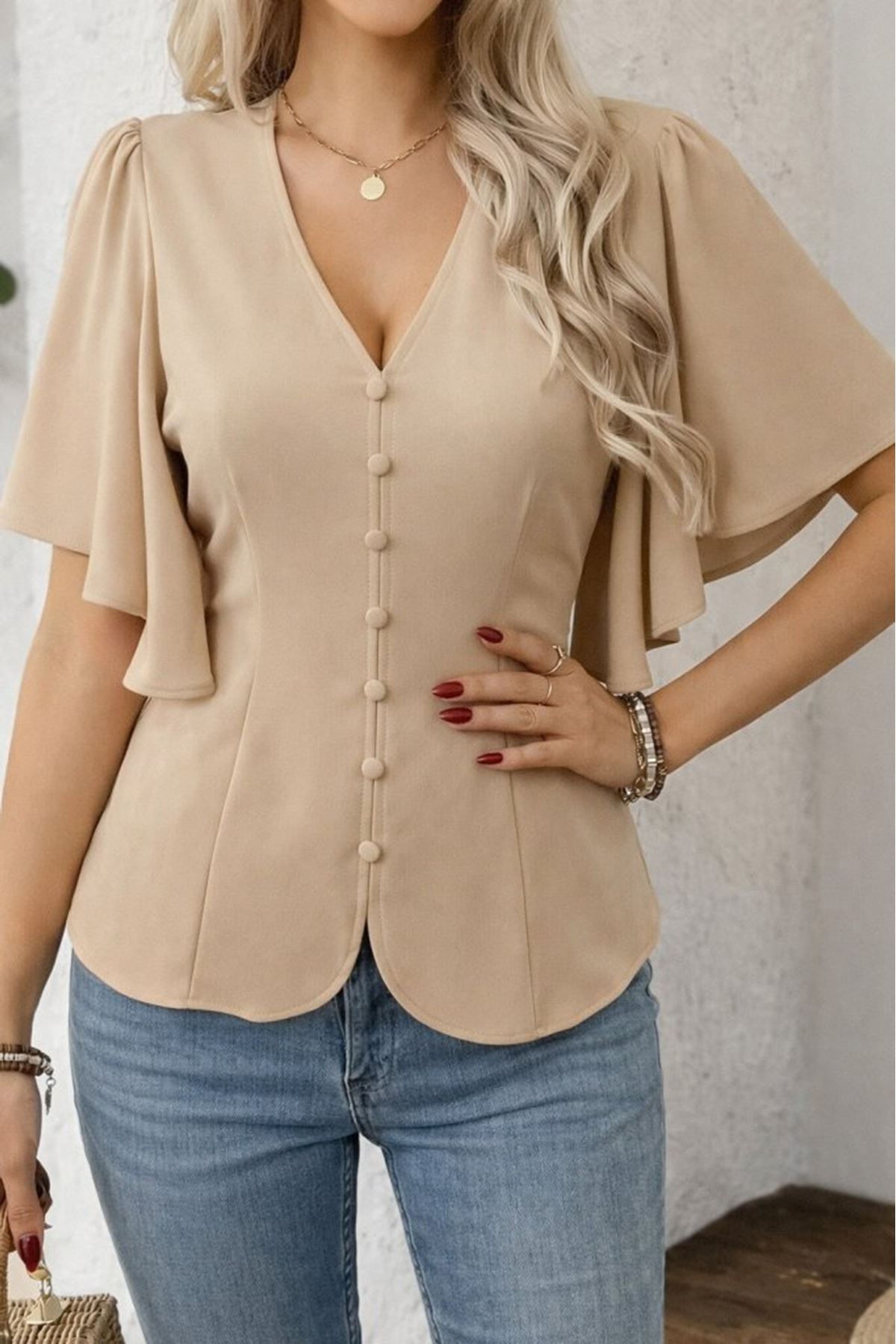 Kadın Kısa Kollu önden Düğmeli Ithal Krep Bluz