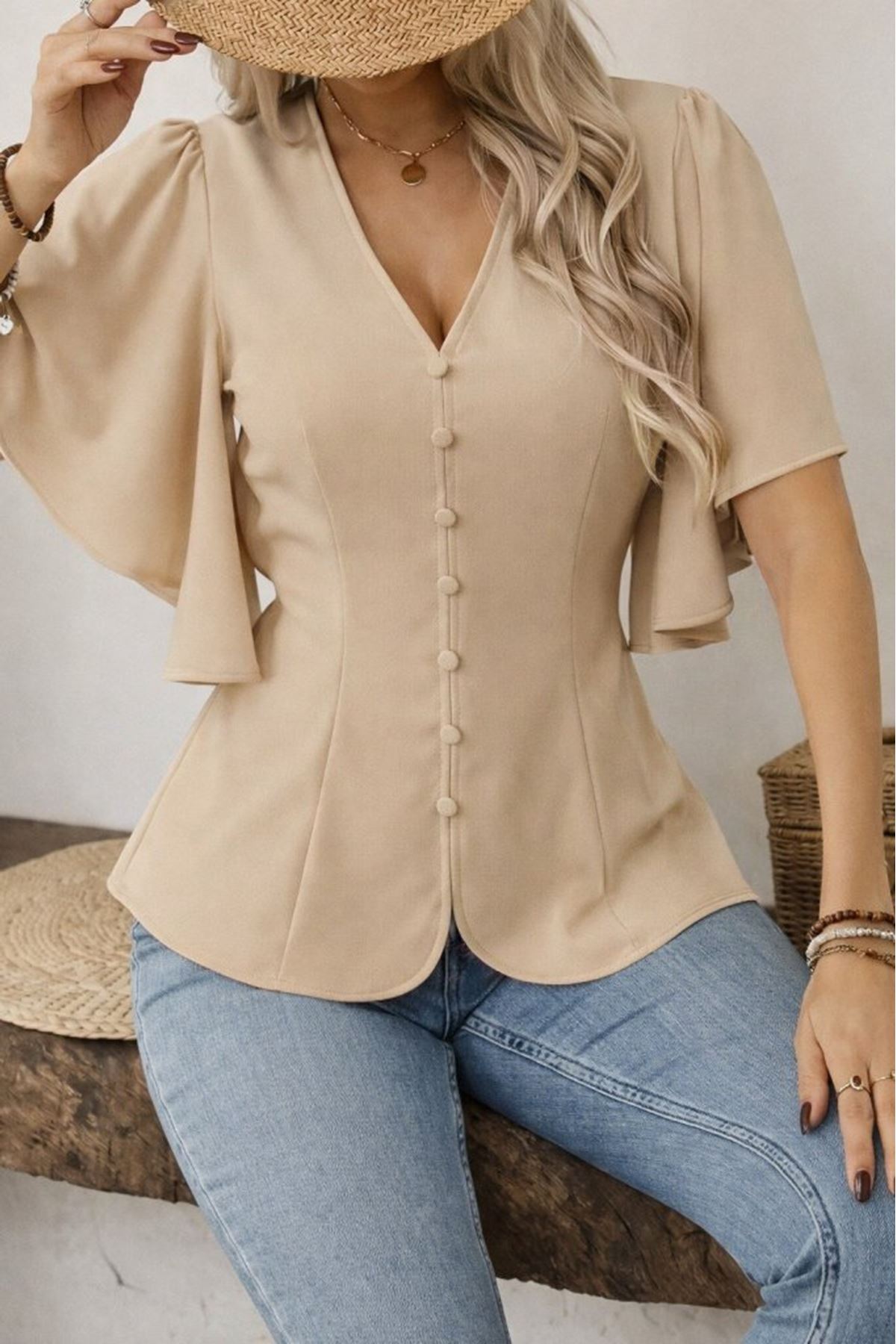 Kadın Kısa Kollu önden Düğmeli Ithal Krep Bluz