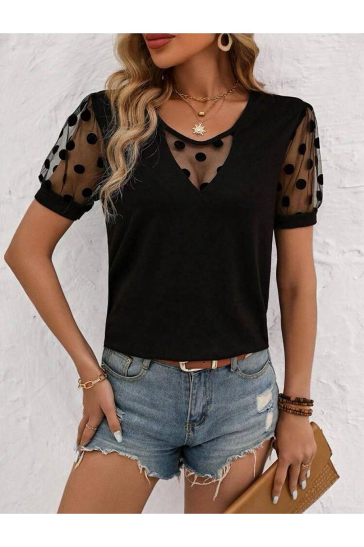 Kadın Puantiyeli Tül Koy Detay Bluz