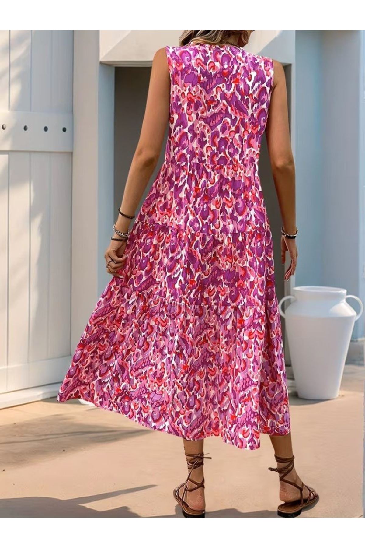 Kadın Askılı Yakası Fırfırlı Bağcıklı Desenli Uzun Süprem Elbise