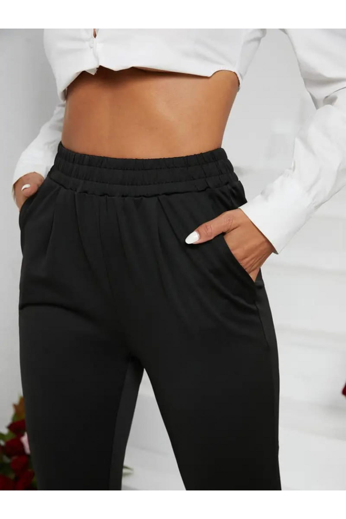 Kadın Pile Detay Beli Lastikli Günlük Slim Fit Viskon Iki Iplik Pantolon