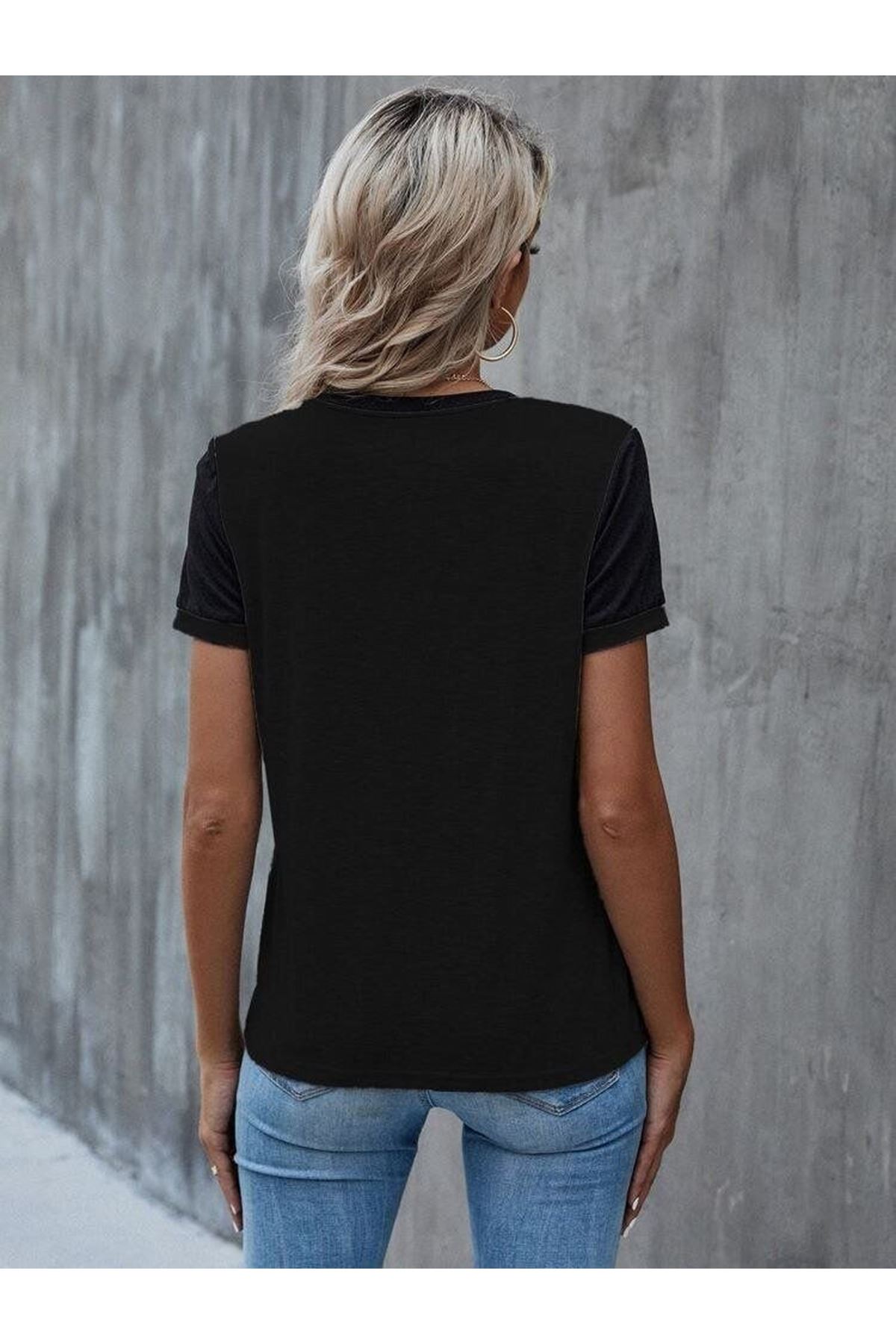 Kadın Kısa Kollu Yuvarlak Yaka ön Dantel Detaylı Viskon Bluz