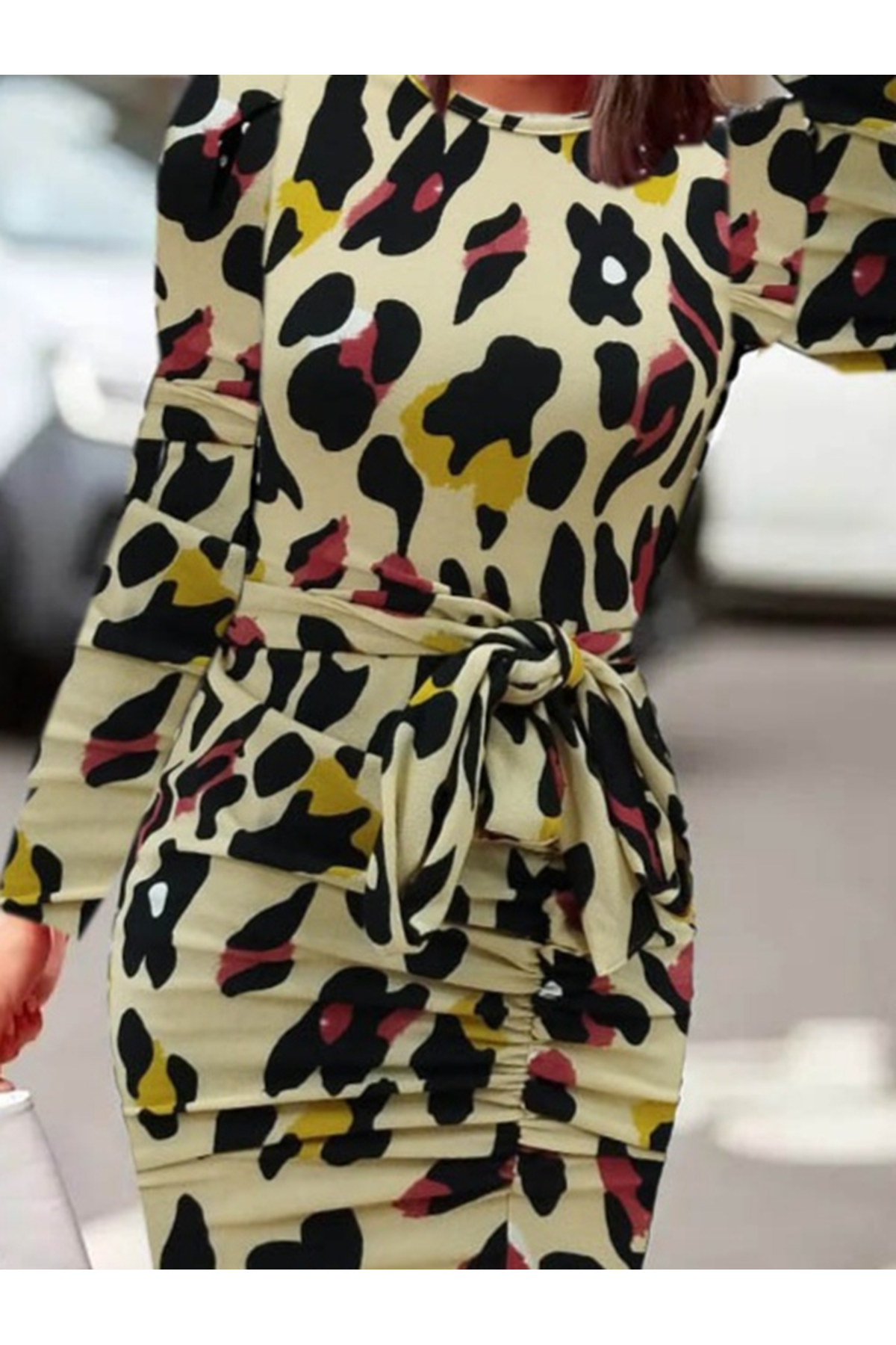 Kadın Uzun Kollu Yuvarlak Yaka Belden Kuşaklı önden Yırtmaçlı örme Krep Elbise