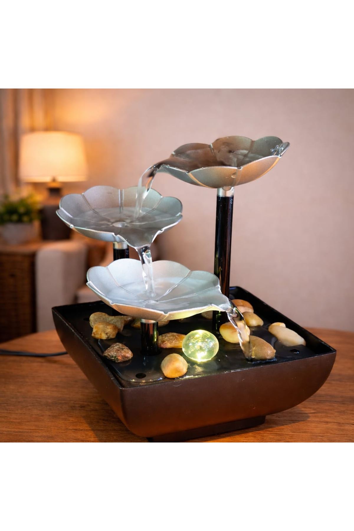 Gümüş Çiçek Tasarımlı LED Işıklı Su Şelalesi