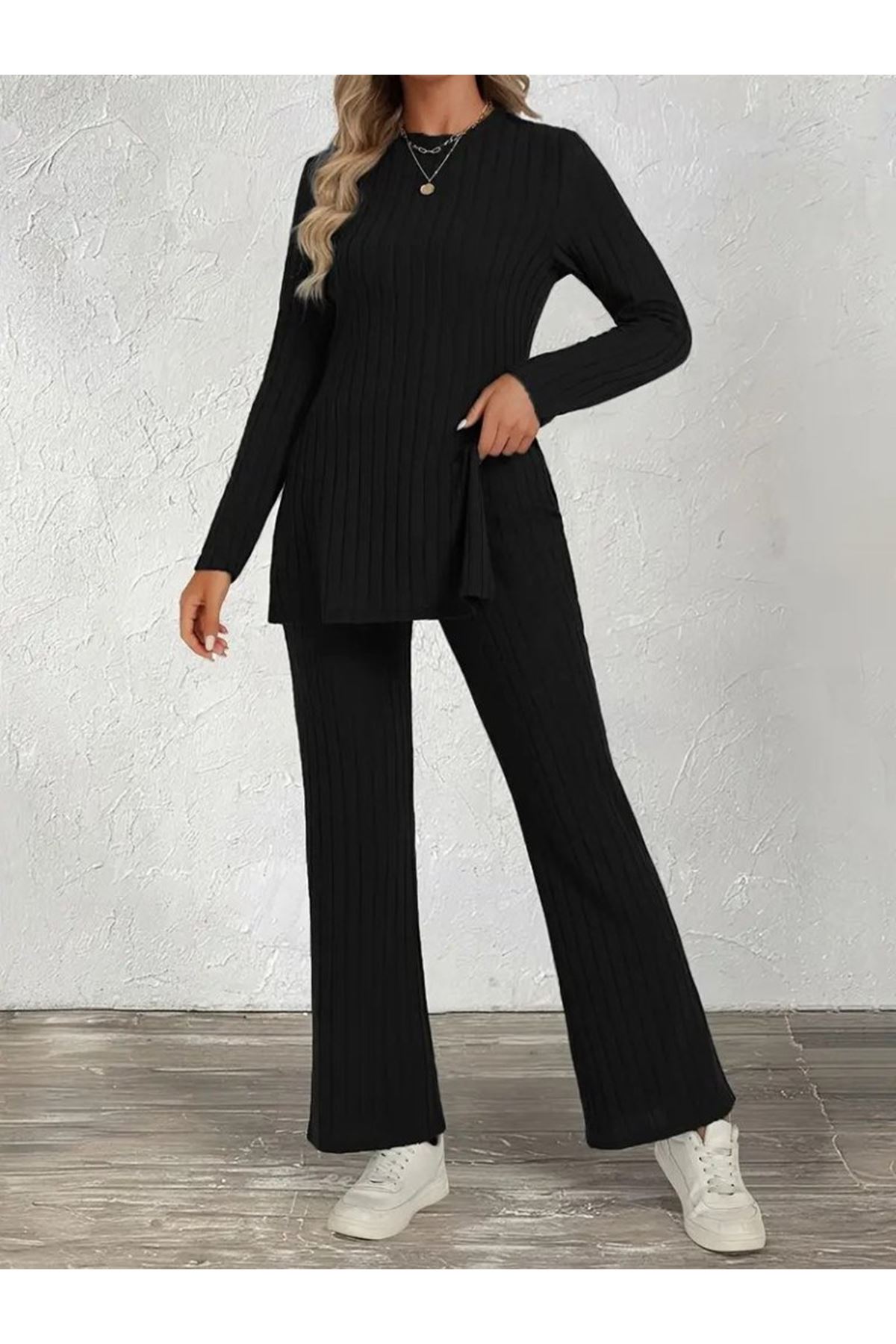 Kadın Uzun Kollu Bisiklet Yaka Yandan Yırtmaçlı şardonlu Kaşkorse Bluz Ve Pantolon Ikili Takım