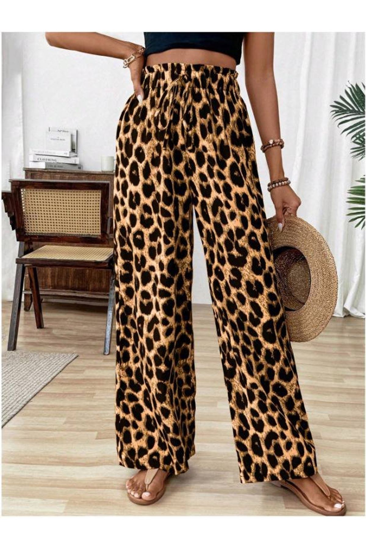Kadın Beli Lastikli Leopar Desen Süprem Pantolon