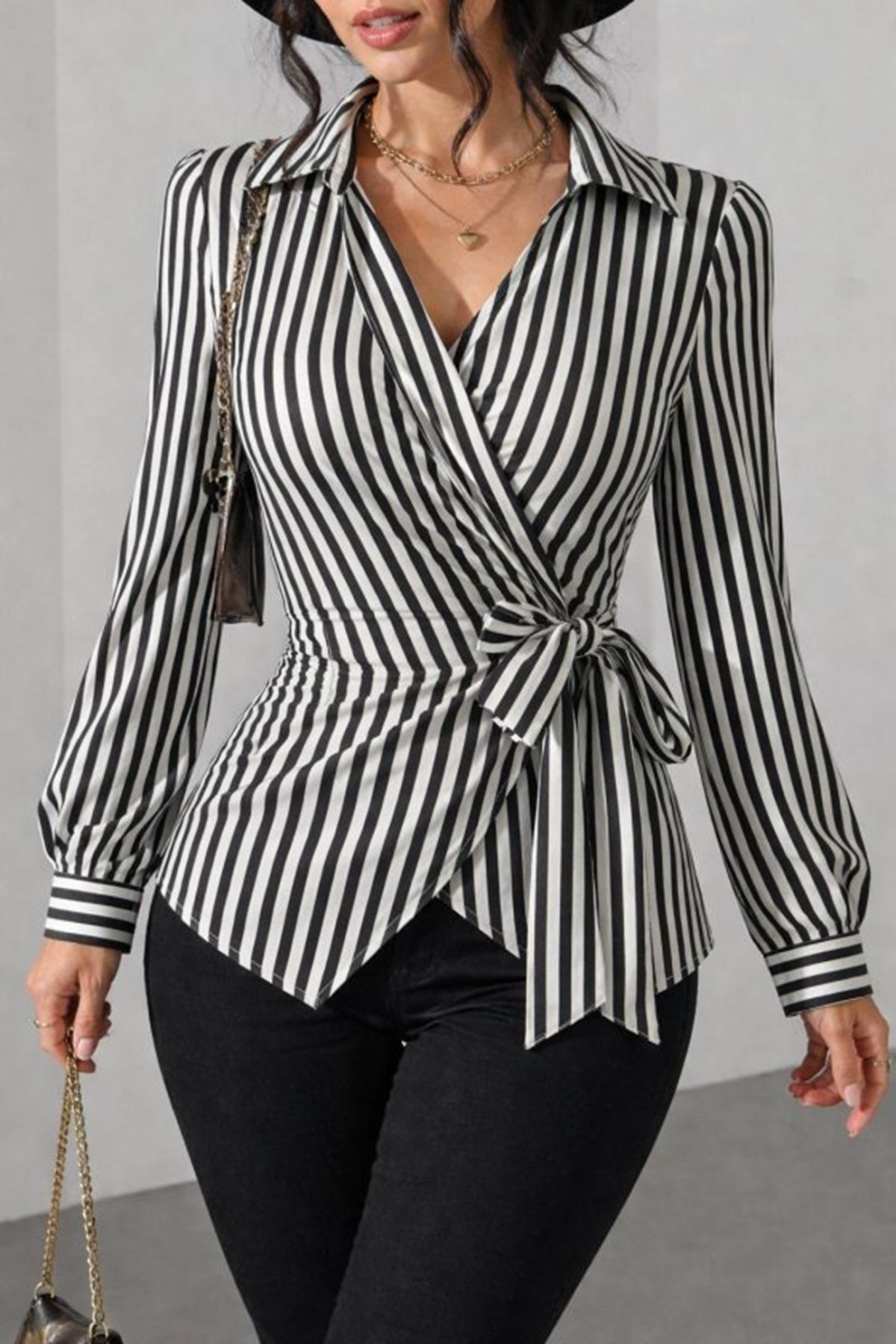 Kadın çizgili Kruvaze Bağlamalı Gömlek