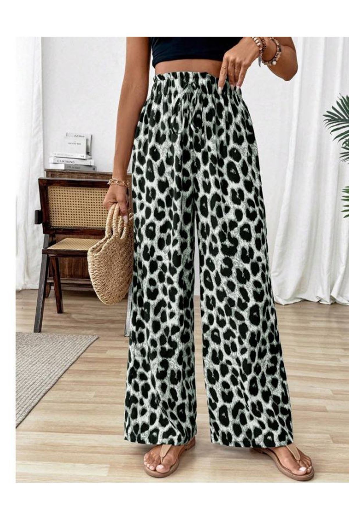 Kadın Beli Lastikli Leopar Desen Süprem Pantolon