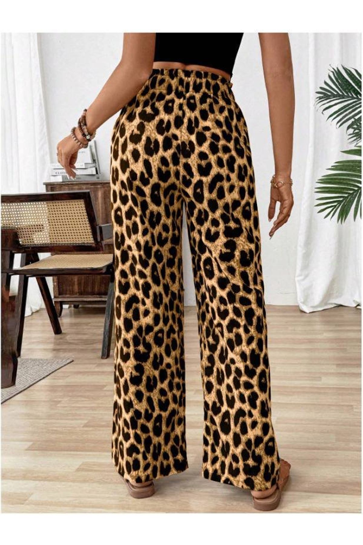 Kadın Beli Lastikli Leopar Desen Süprem Pantolon