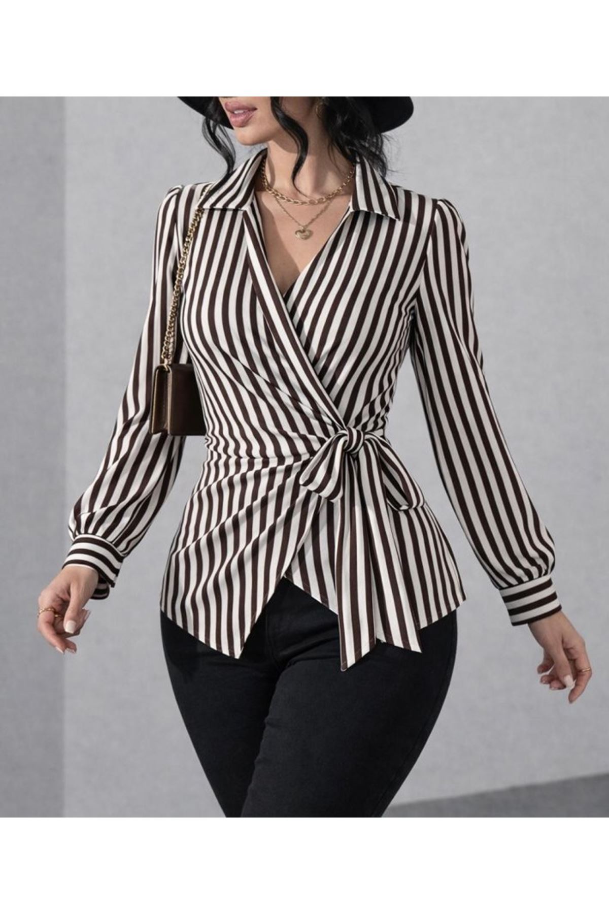 Kadın çizgili Kruvaze Bağlamalı Gömlek