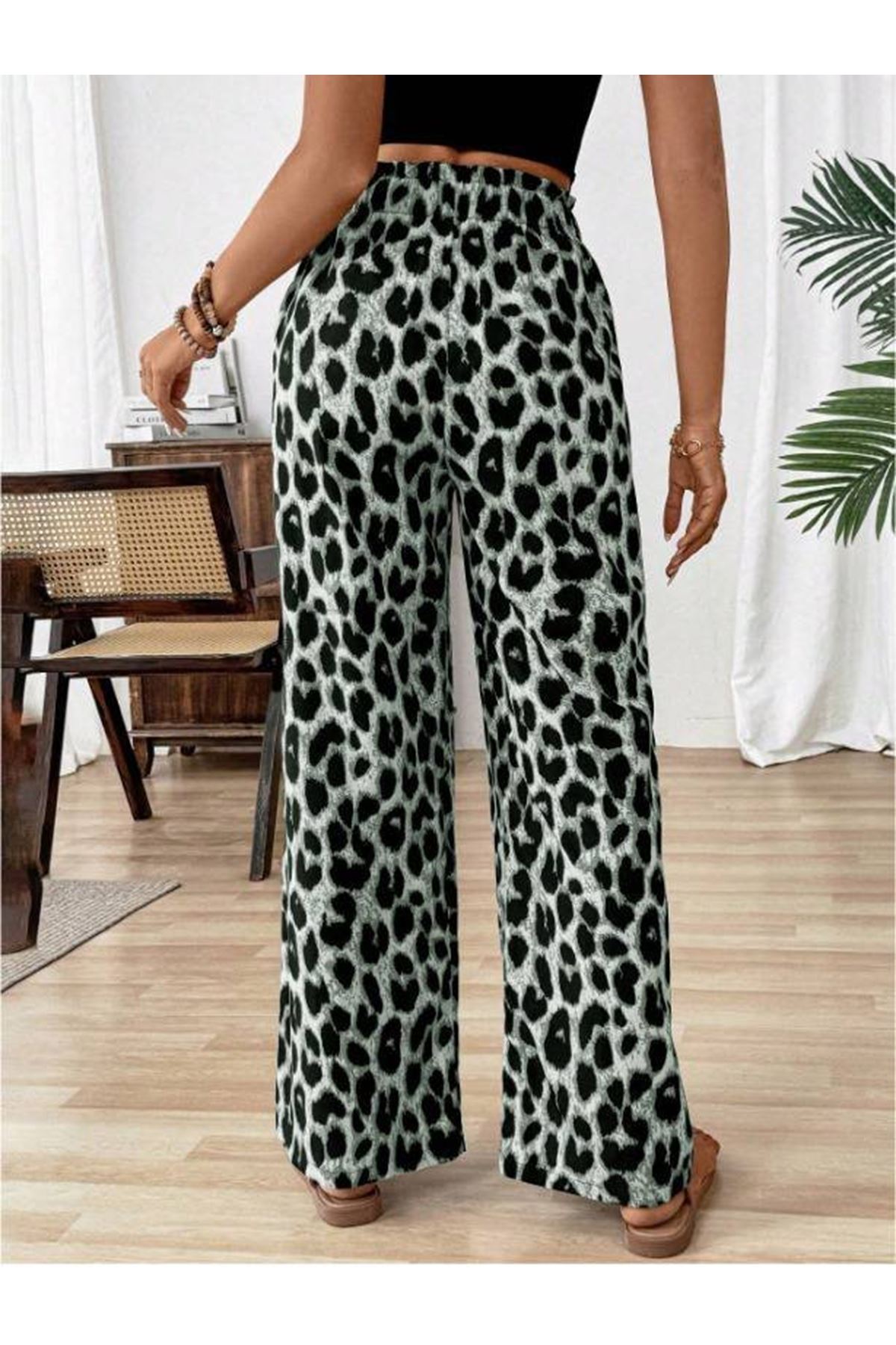 Kadın Beli Lastikli Leopar Desen Süprem Pantolon