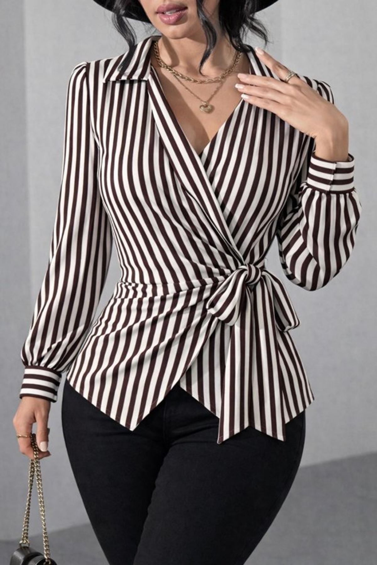 Kadın çizgili Kruvaze Bağlamalı Gömlek