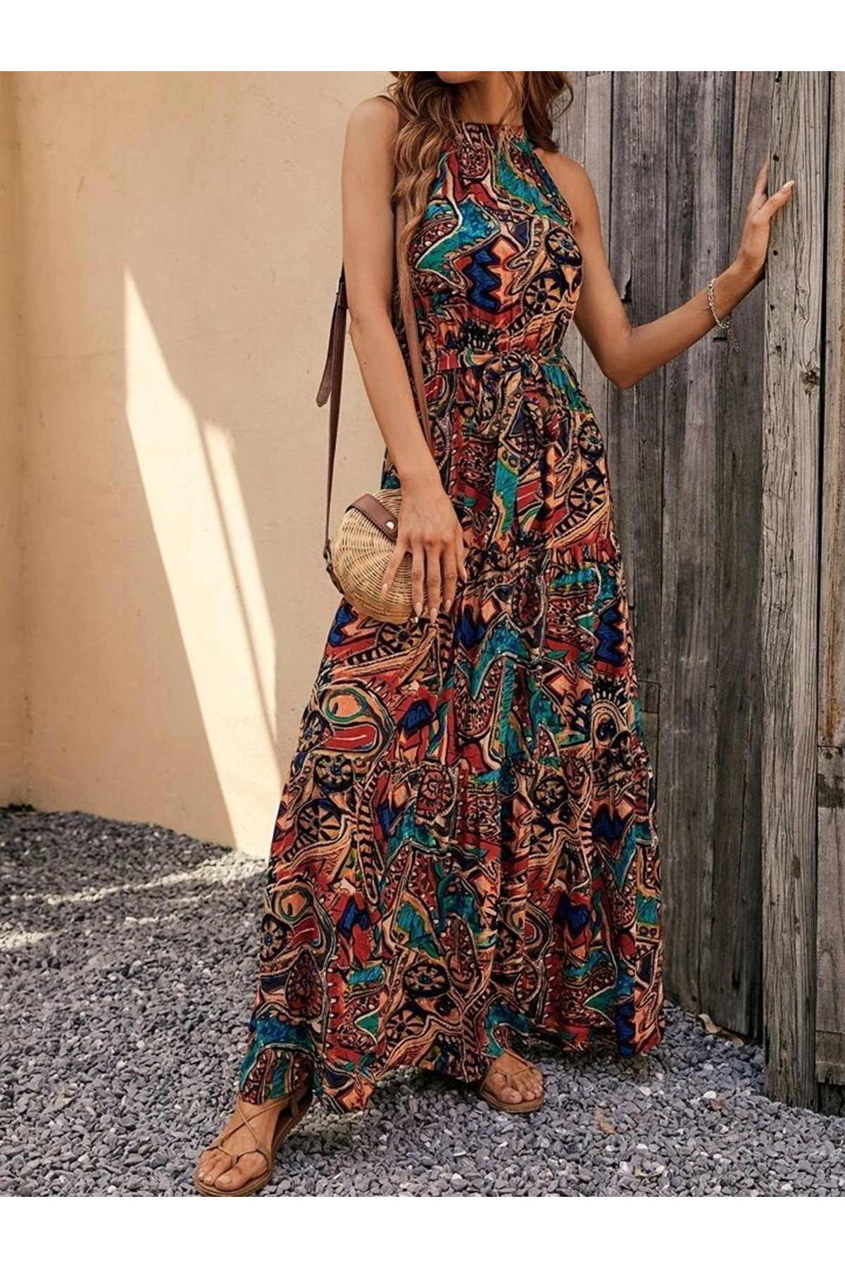 Kadın Kolsuz Halter Yaka Beli Lastikliotantik Desenli Mikro Kumaş Elbise