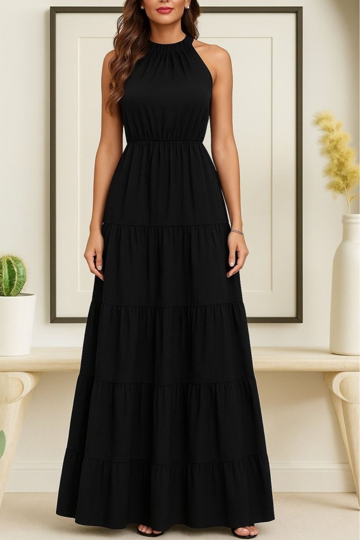 Kadın Kolsuz Halter Yaka Beli Lastiklidesenli Mikro Elbise