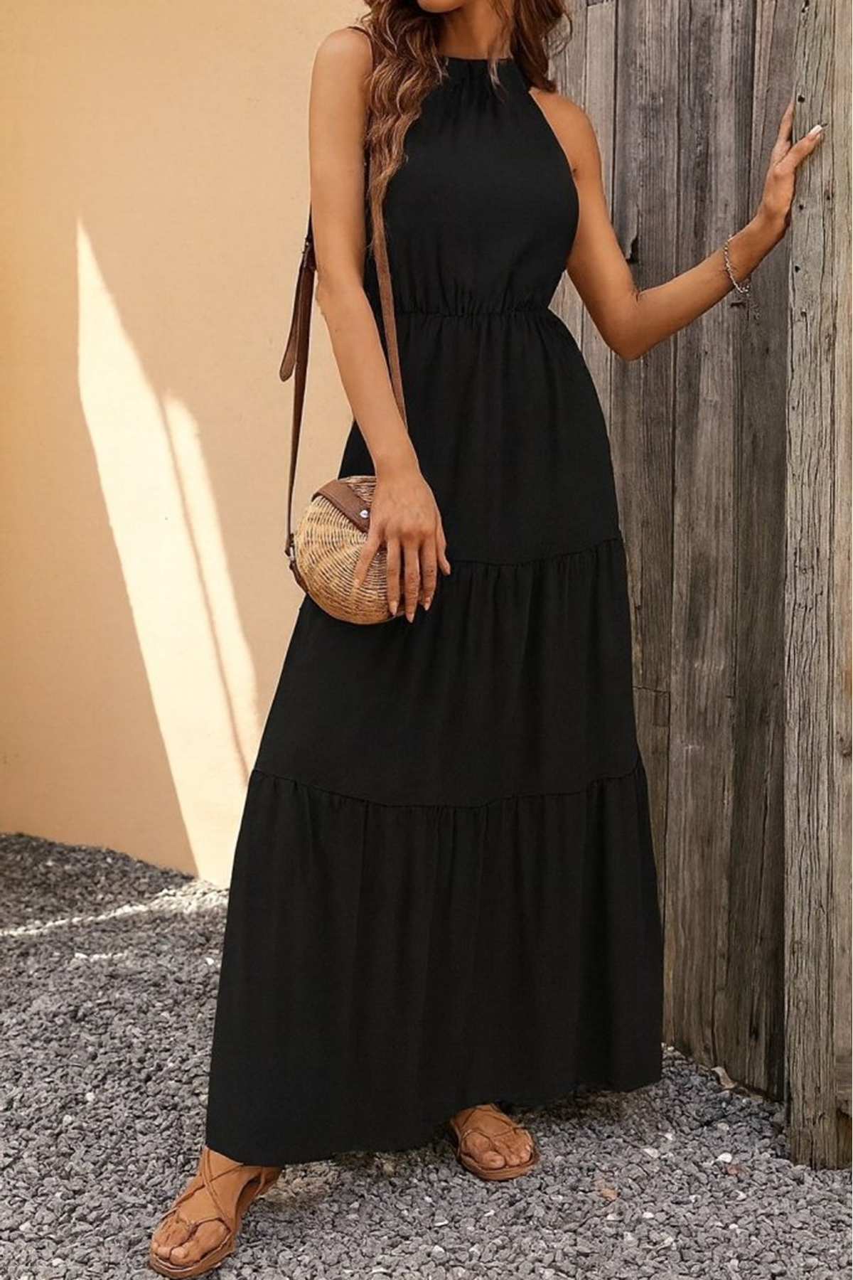 Kadın Kolsuz Halter Yaka Beli Lastiklidesenli Mikro Elbise