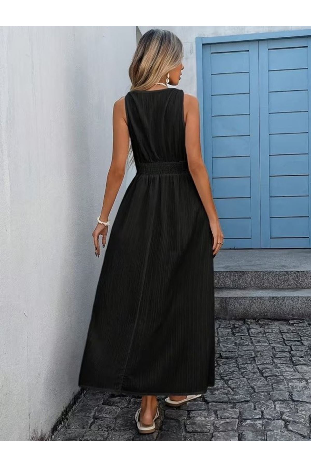 Kadın Askılı Kruvaze Yakalı Belden Dantelli Uzun Bürümcük Elbise