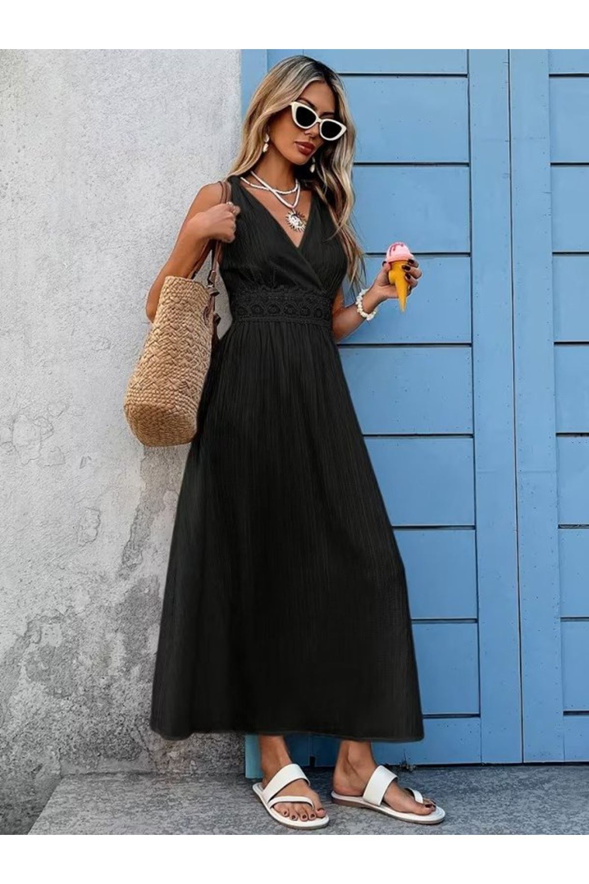 Kadın Askılı Kruvaze Yakalı Belden Dantelli Uzun Bürümcük Elbise